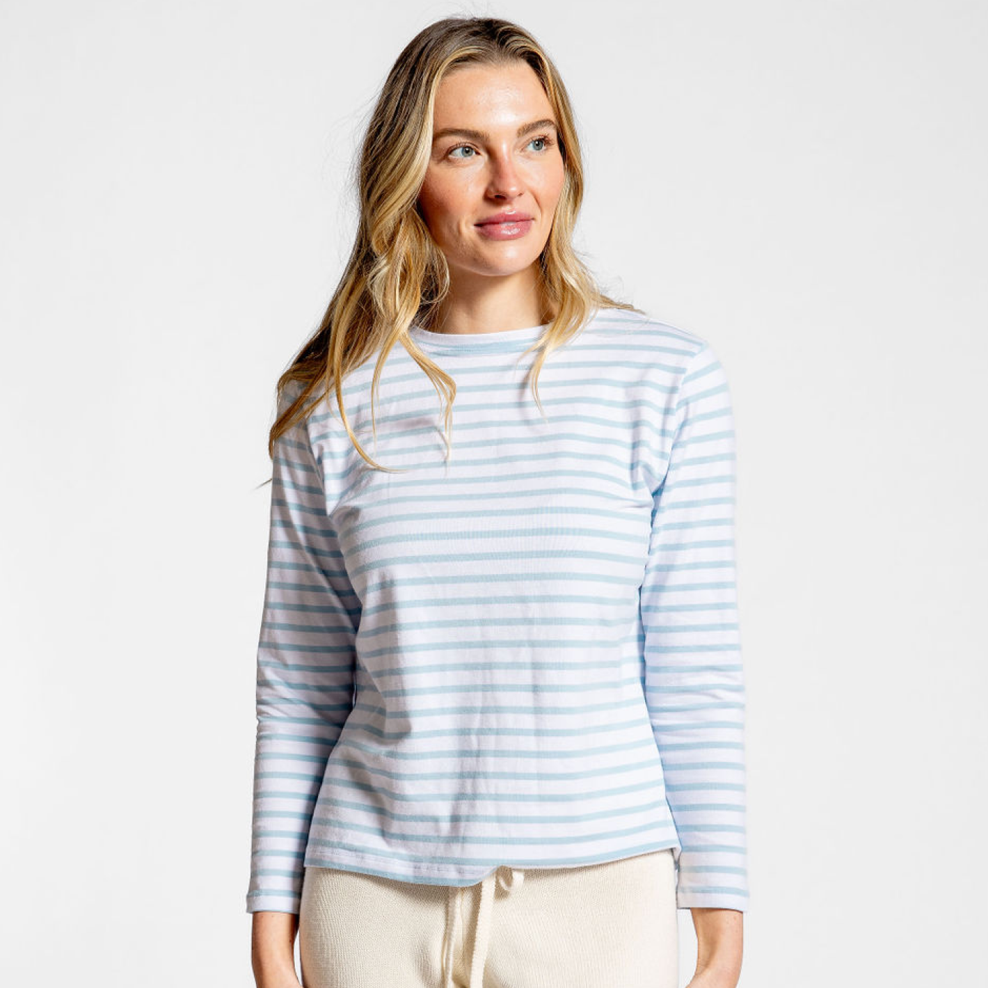 women's white and powder blue stripe long sleeve tee