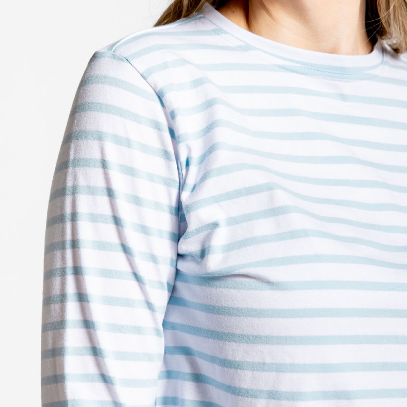 women's white and powder blue stripe long sleeve tee