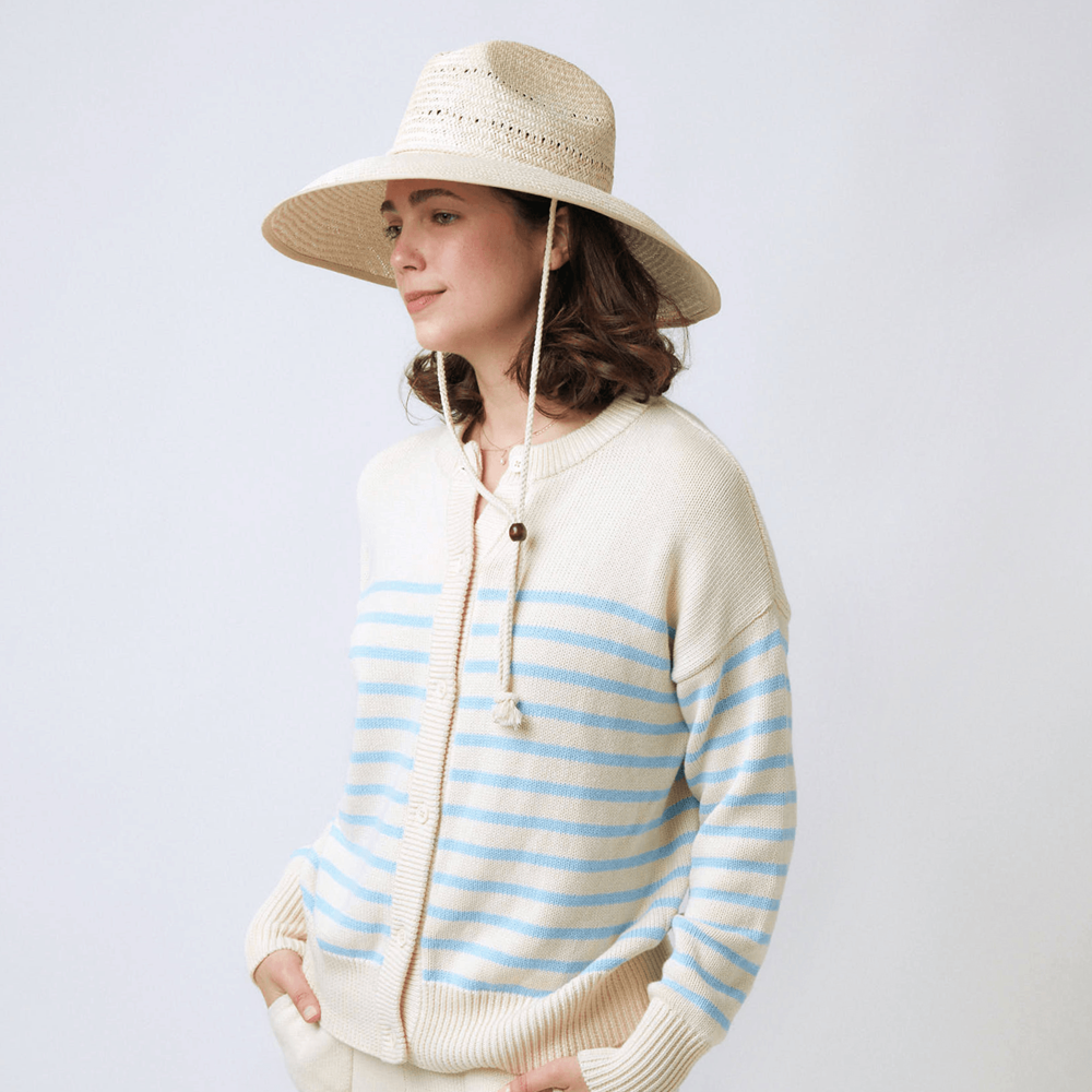 women's cream and peri blue stripe cardigan