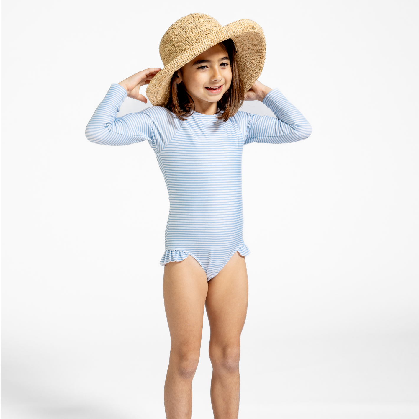 girls powder blue stripe rashguard one piece