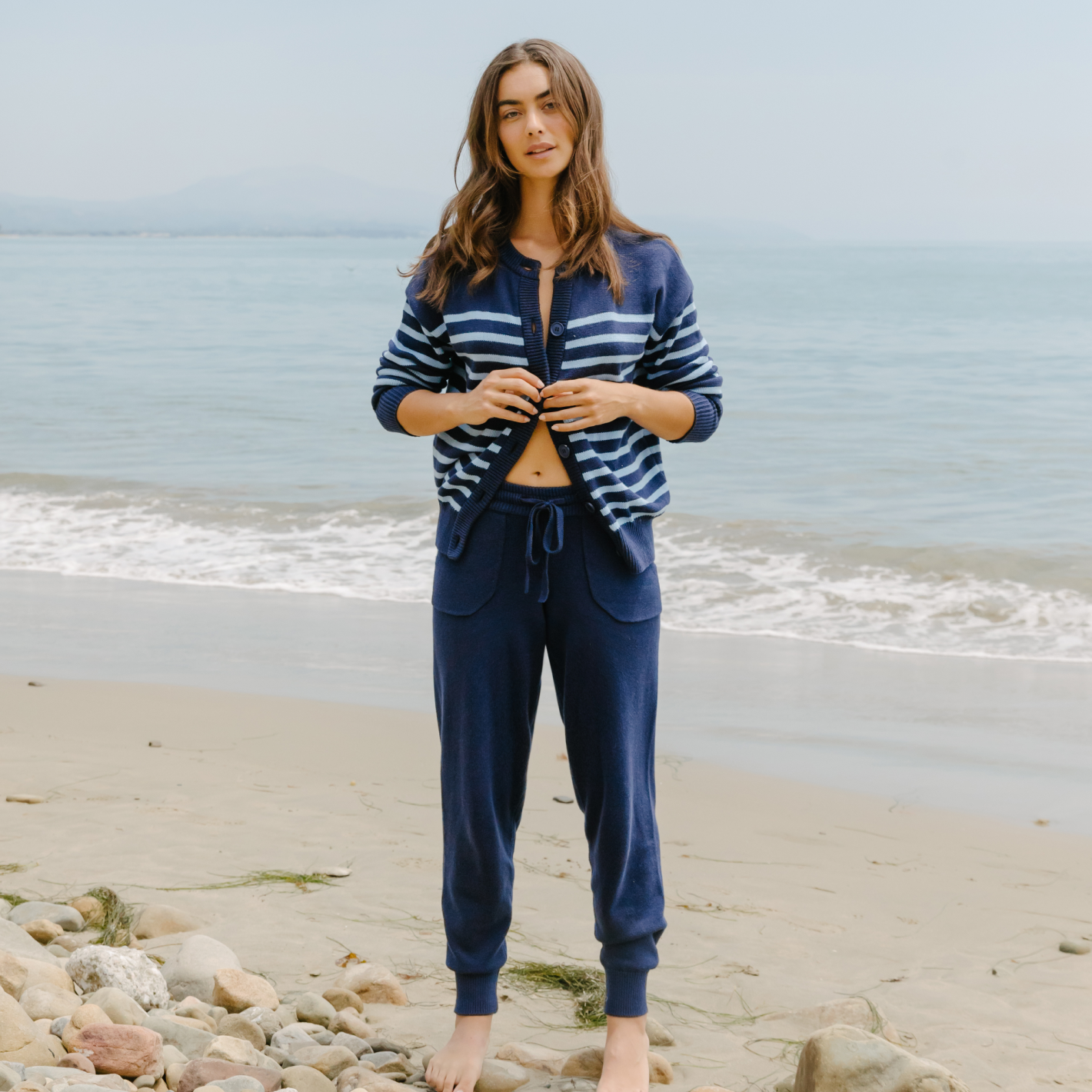 women's navy and peri blue stripe cardigan