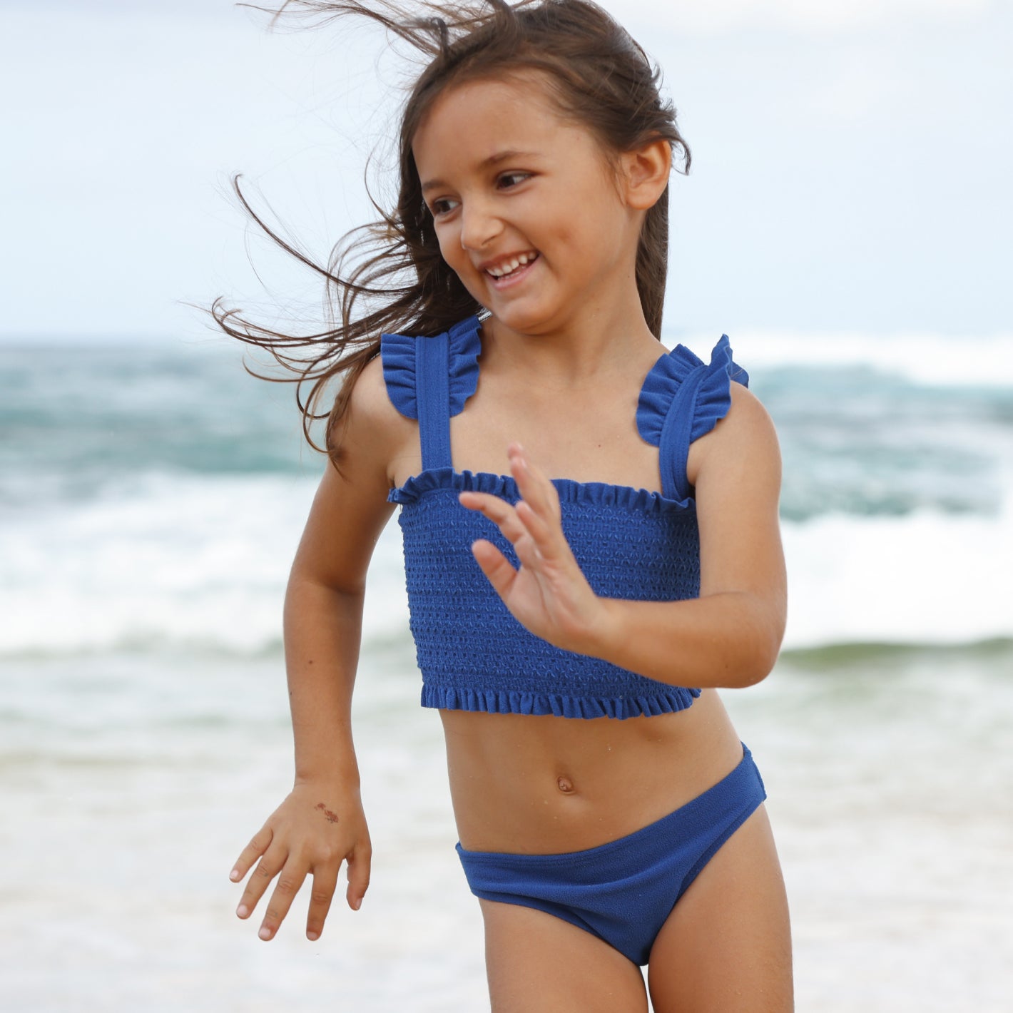 girls cove blue terry ruffle strap diamond smocked bikini