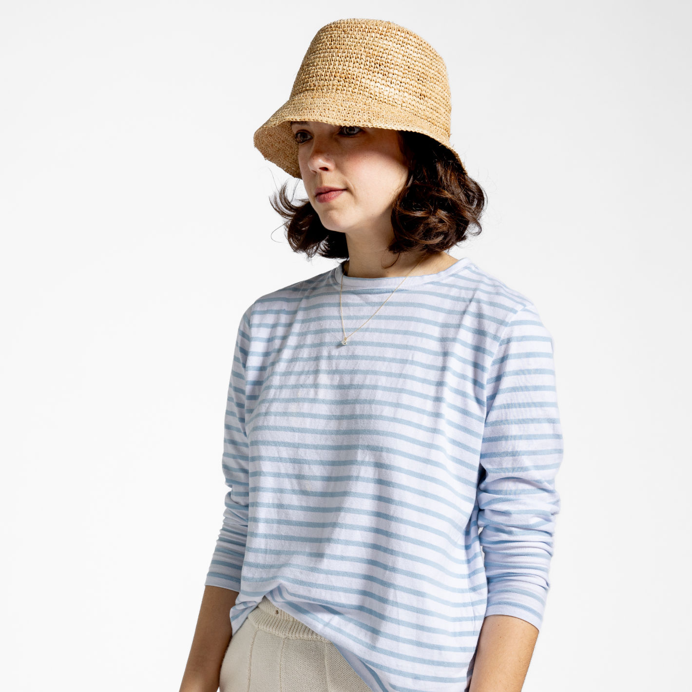 women's white and powder blue stripe long sleeve tee