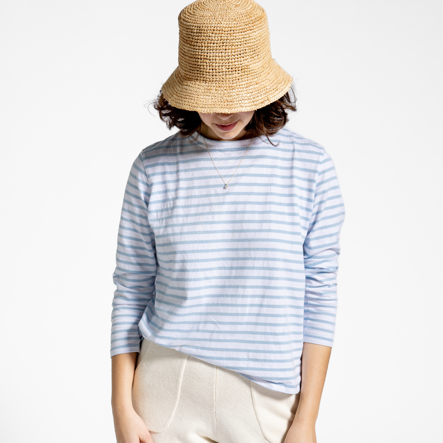 women's white and powder blue stripe long sleeve tee