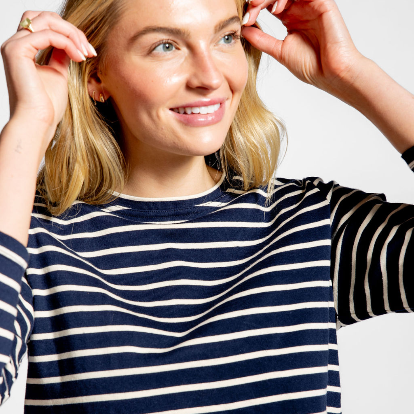 women's navy and cream stripe long sleeve knit tee