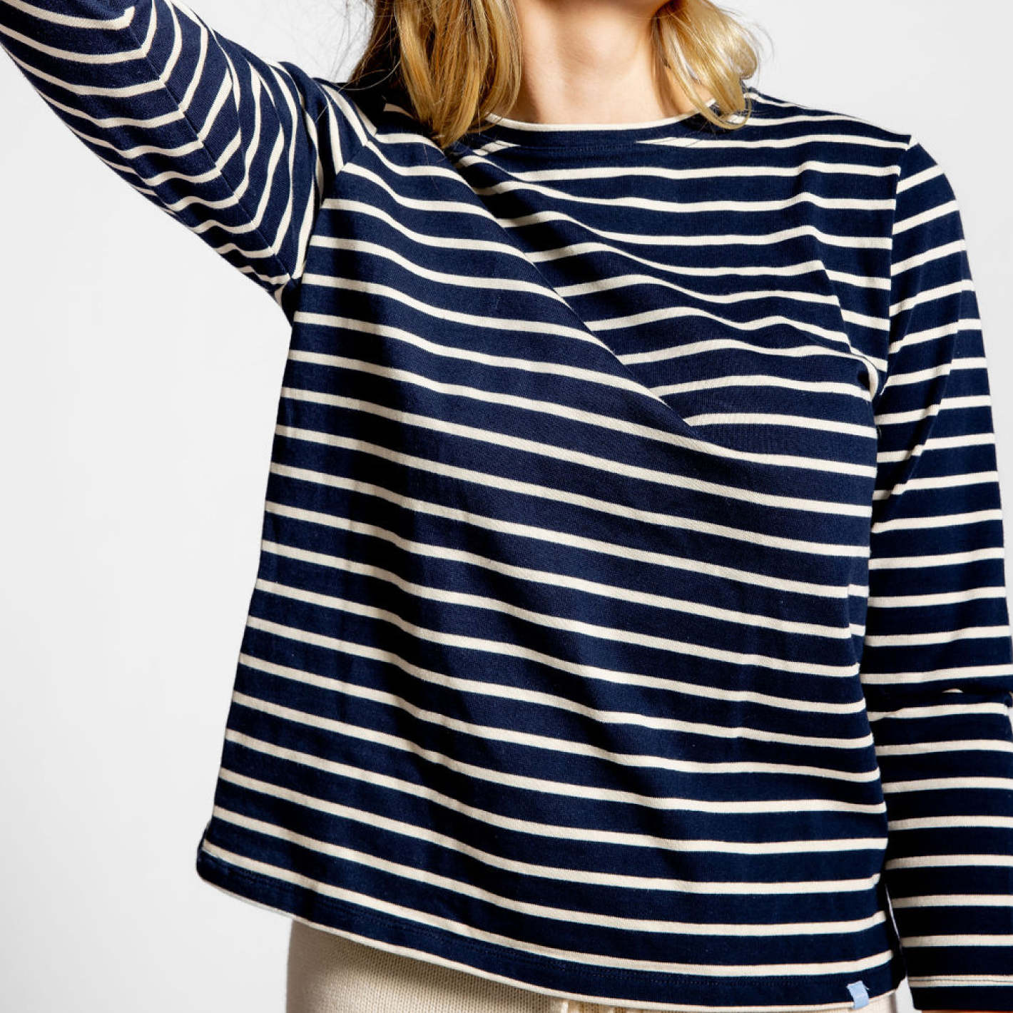 women's navy and cream stripe long sleeve knit tee