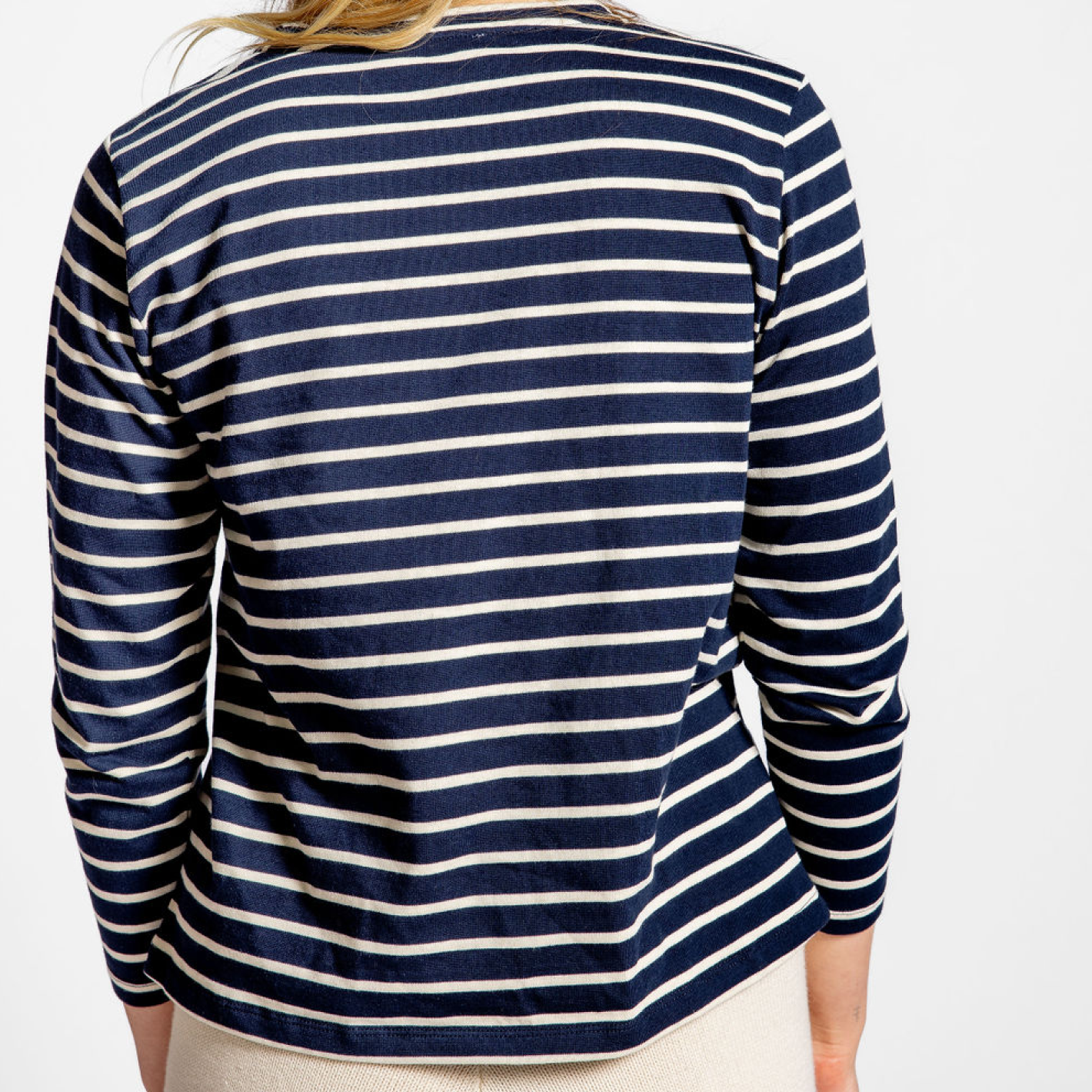 women's navy and cream stripe long sleeve knit tee