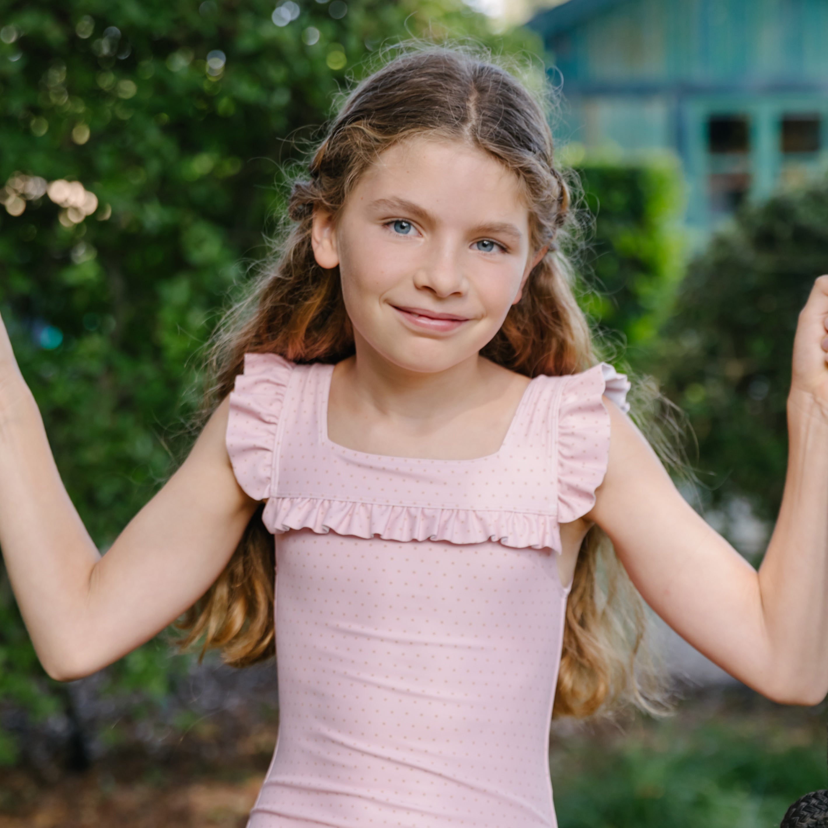 girls camellia pink dot square neck ruffle one piece