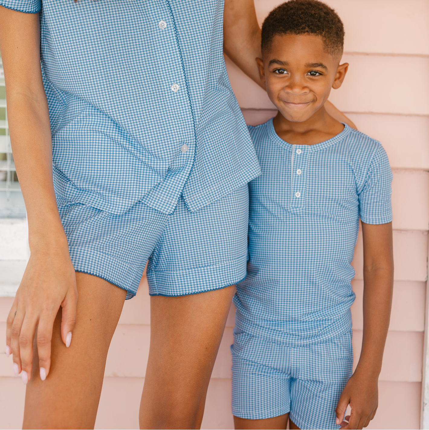 unisex sky blue gingham shirt and short pima pajamas set