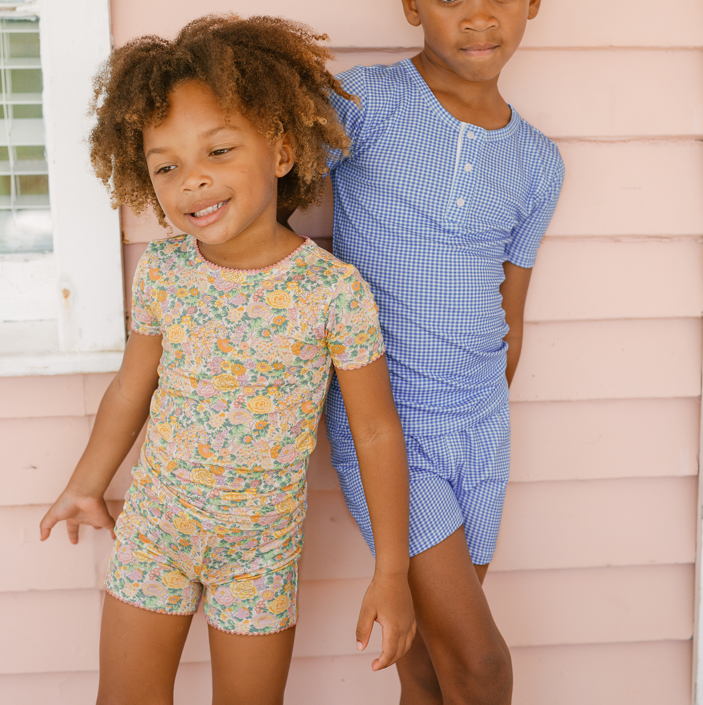 unisex sky blue gingham shirt and short pima pajamas set