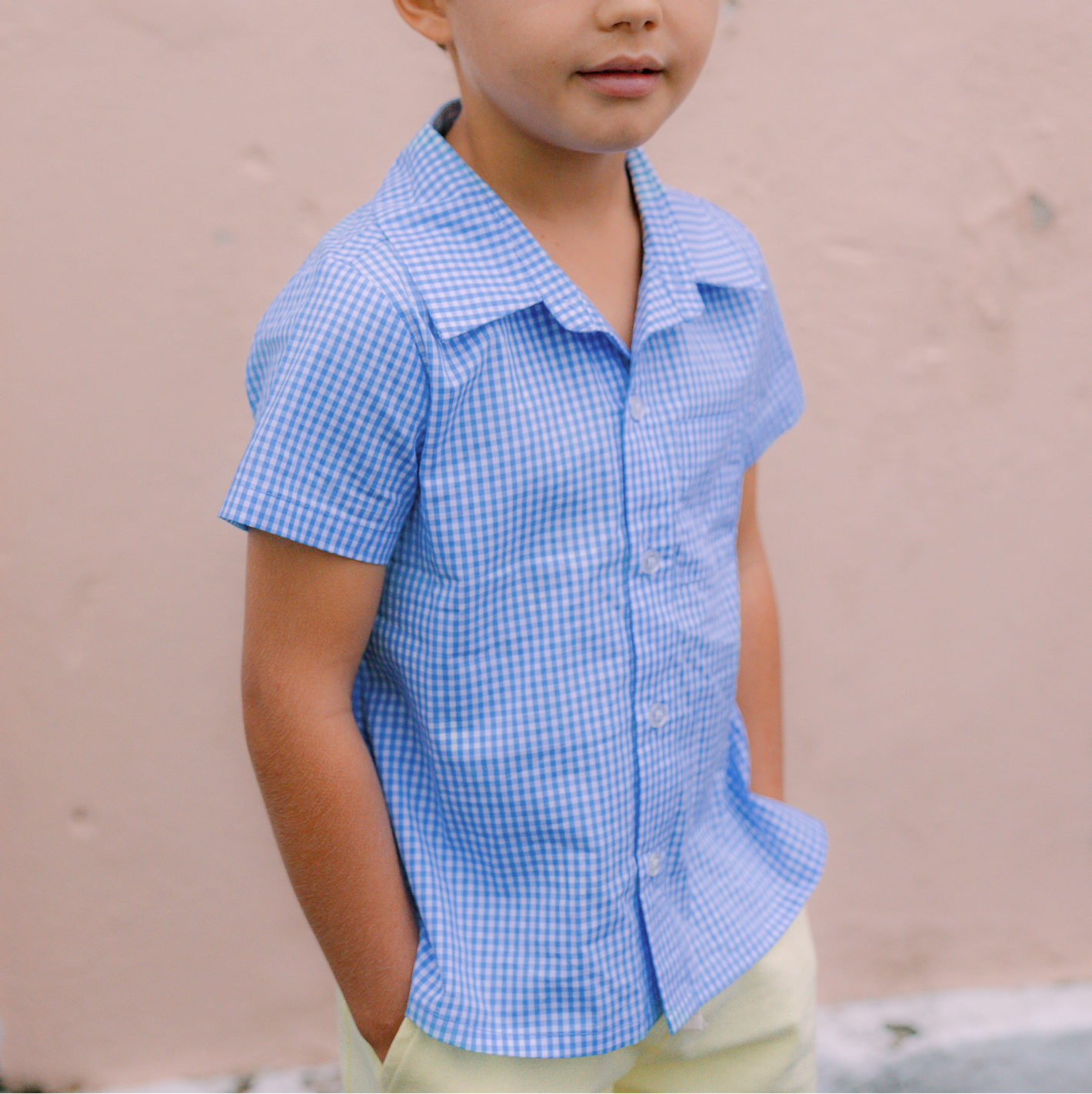 boys sky blue gingham short sleeve button down shirt