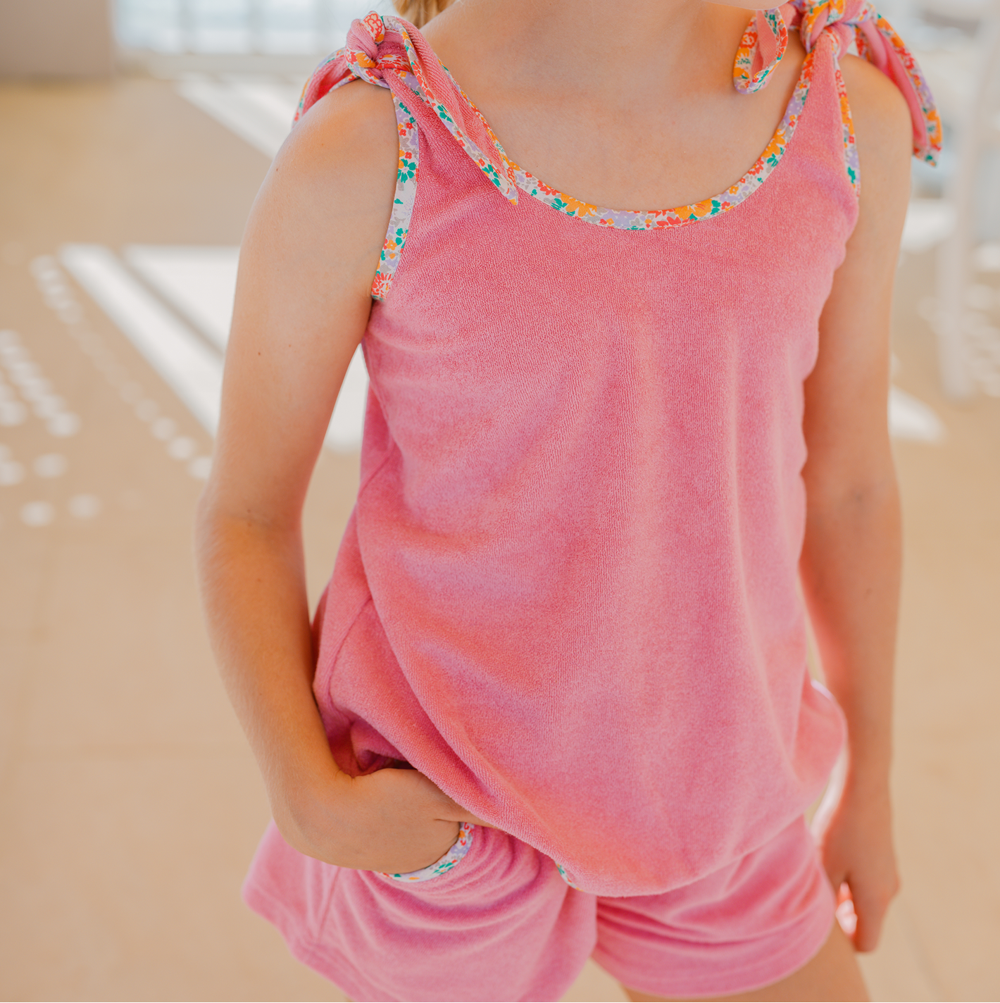 girls pink sands french terry tie-knot tank top set