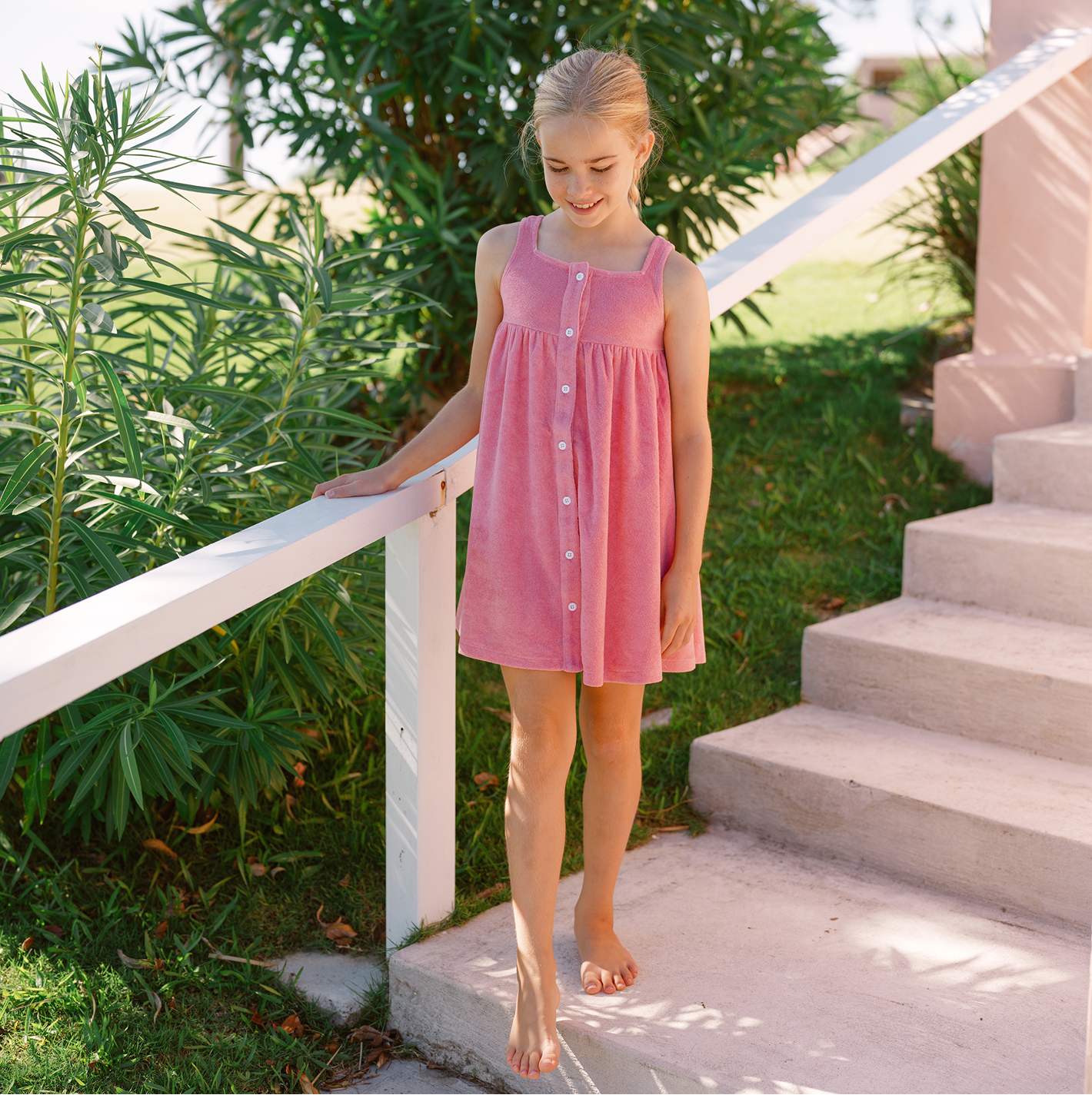 girls pink sands french terry square neck button up dress