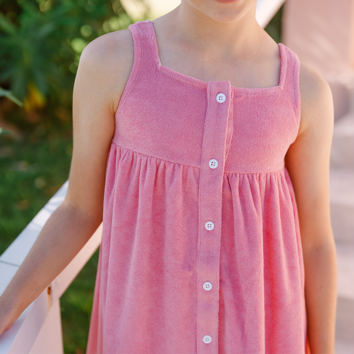 girls pink sands french terry square neck button up dress