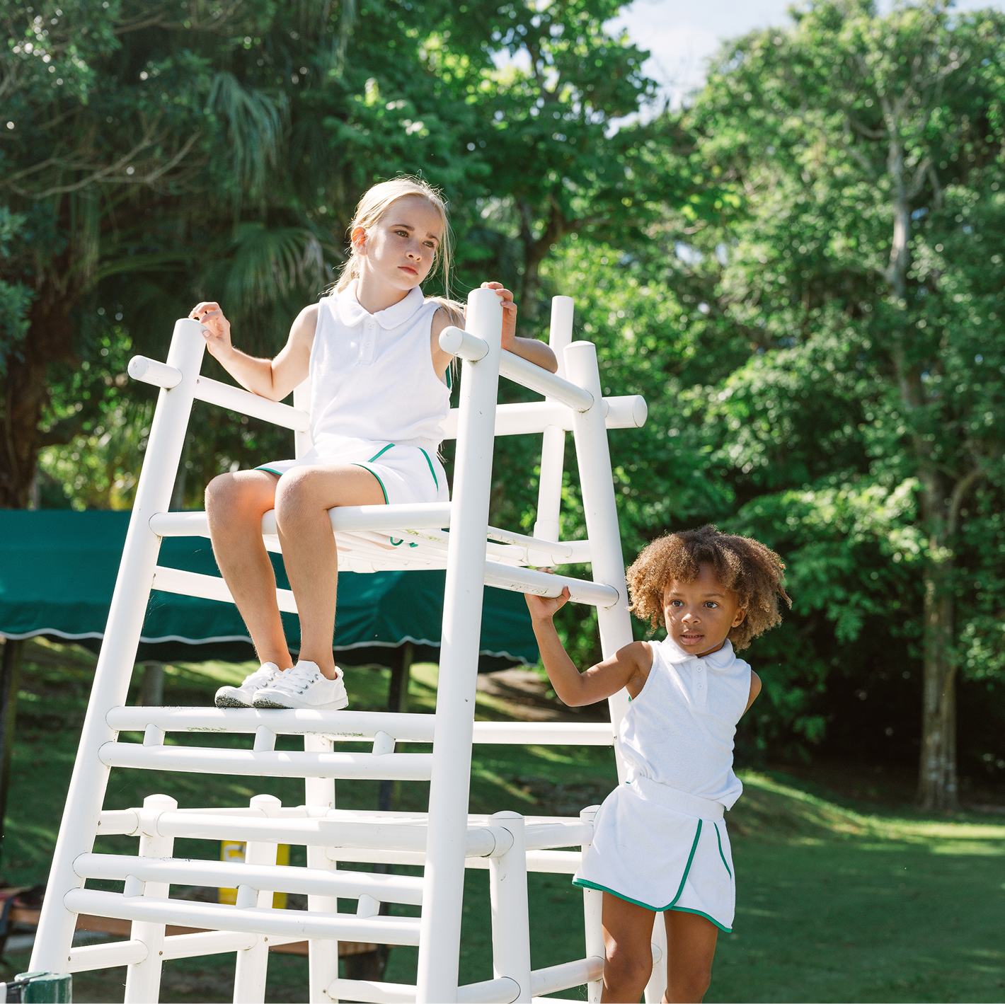 girls white french terry tennis tank top and skort set with bermuda green trim