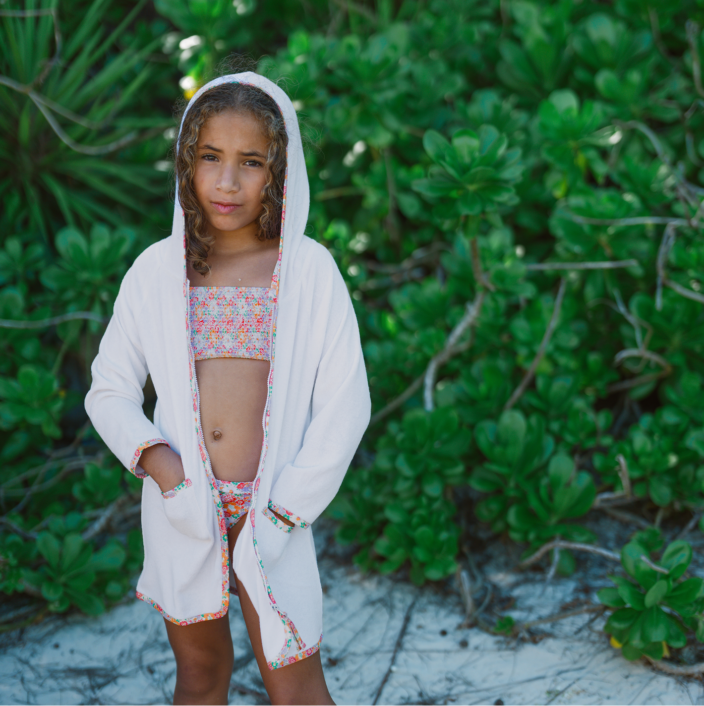 unisex white french terry hooded zipper coverup with island blossom trim