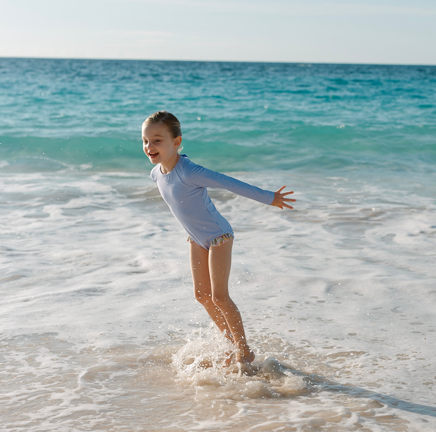 girls sky blue gingham rashguard one piece