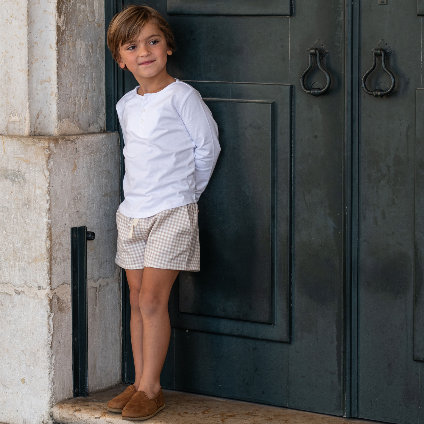 boys brown gingham ultra-soft twill short