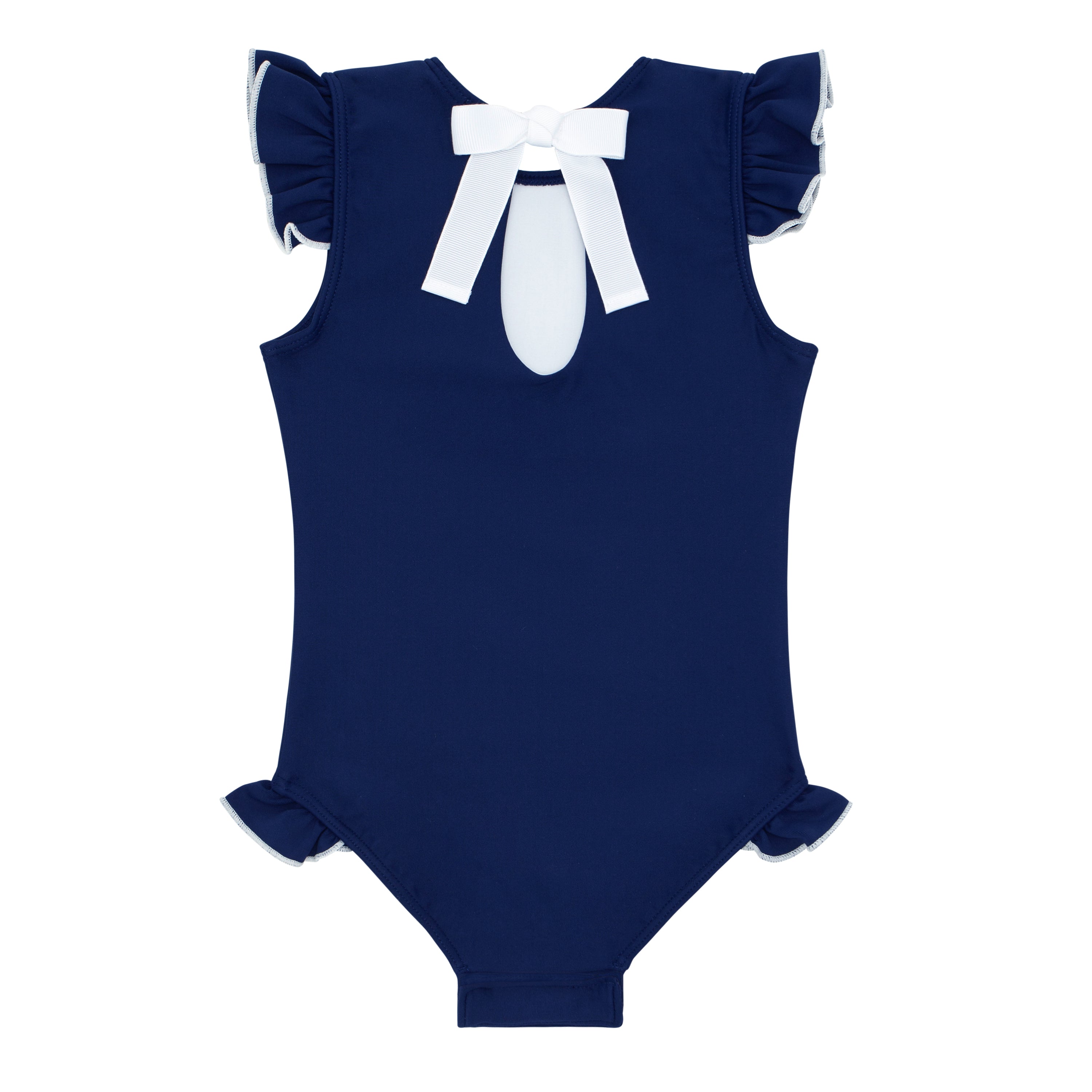 girls navy with white trim ruffle sleeve rashguard one piece