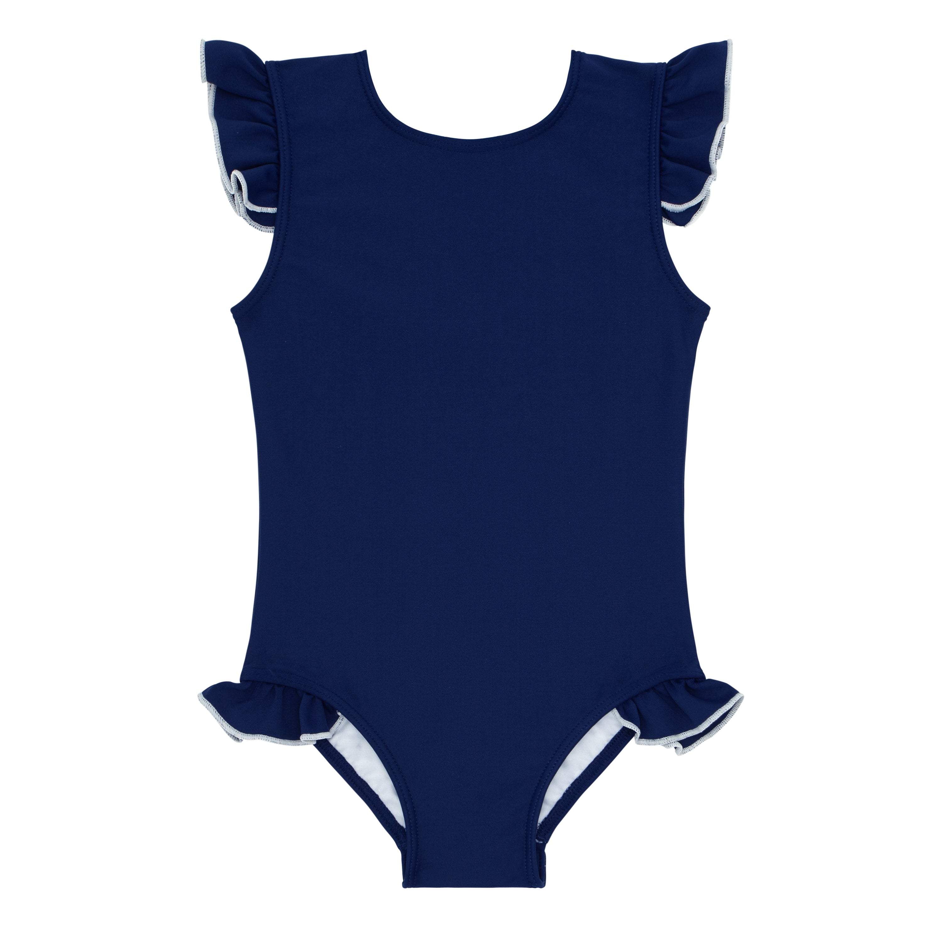 girls navy with white trim ruffle sleeve rashguard one piece