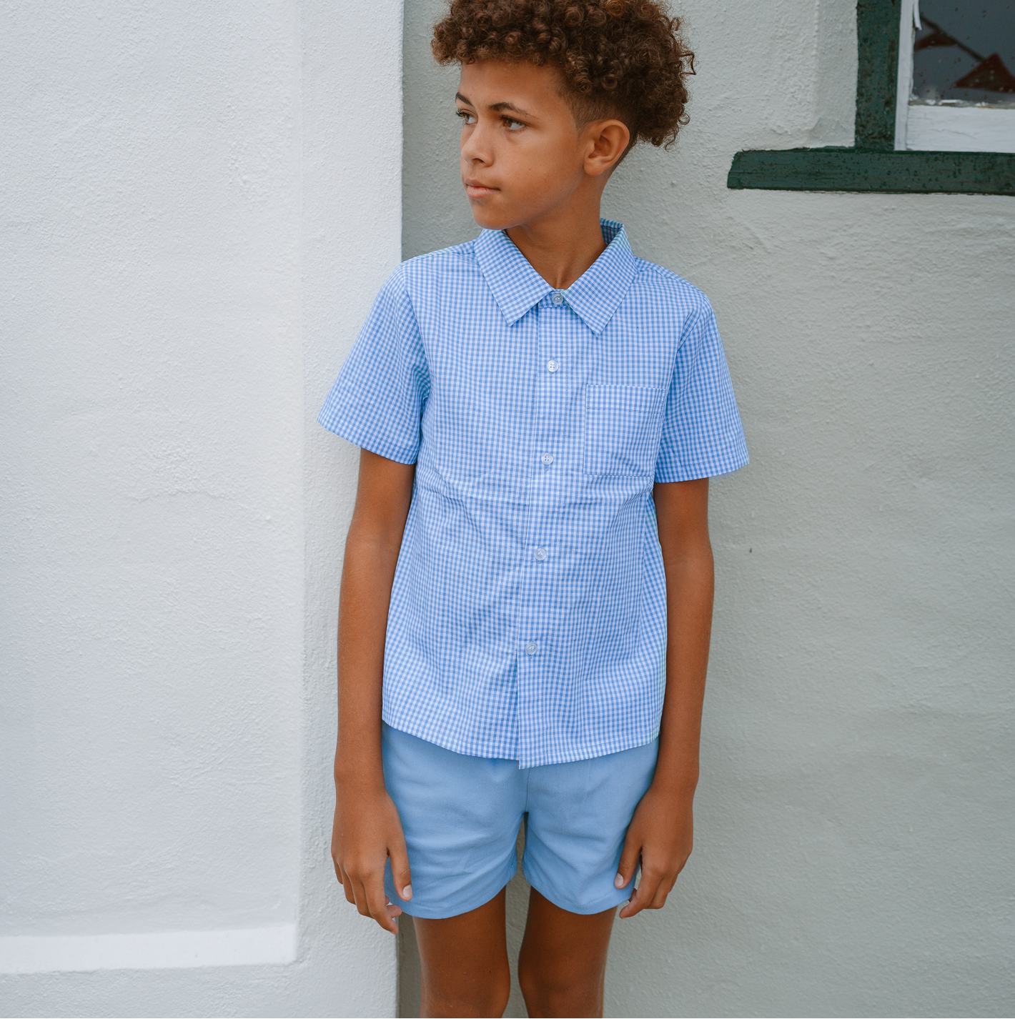 boys sky blue gingham short sleeve button down shirt