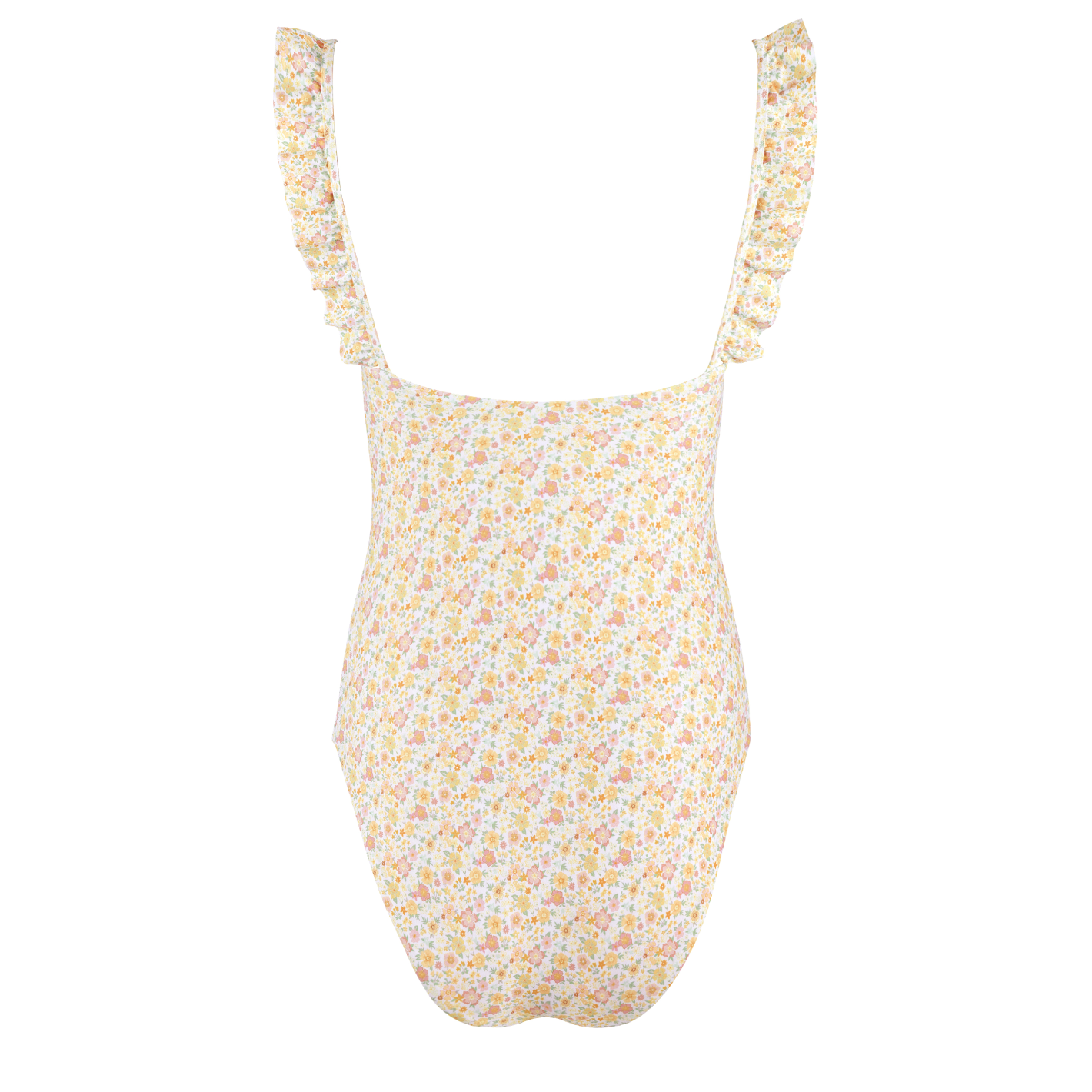 women's marigold floral low back ruffle one piece