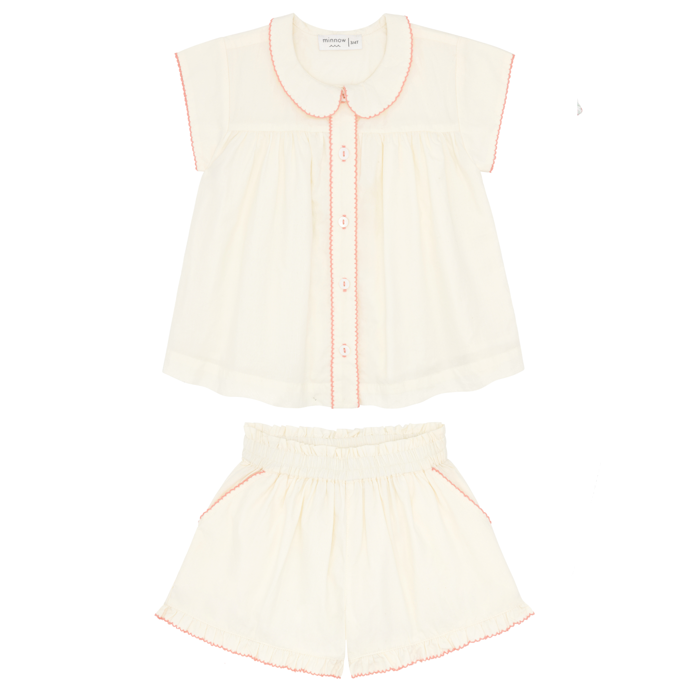 girls crème collared top with ruffle short set