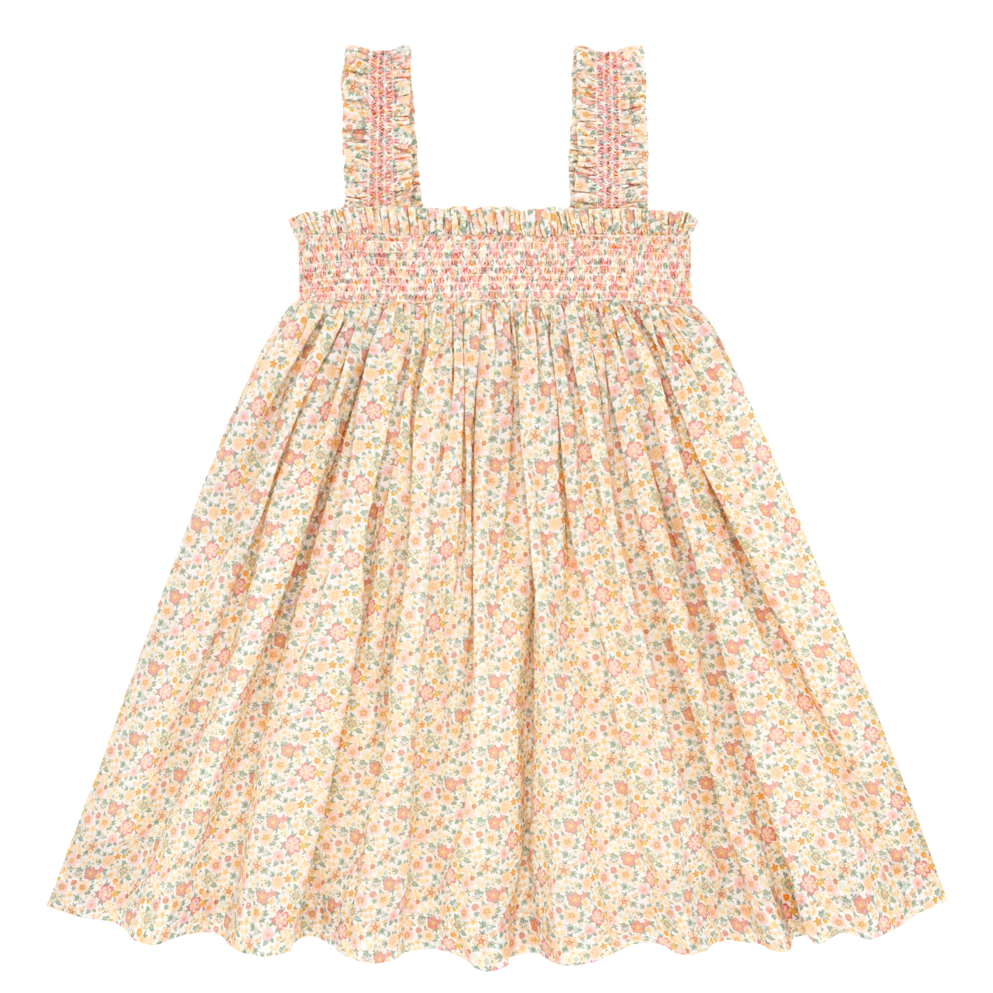 girls marigold floral ruffle strap smocked dress