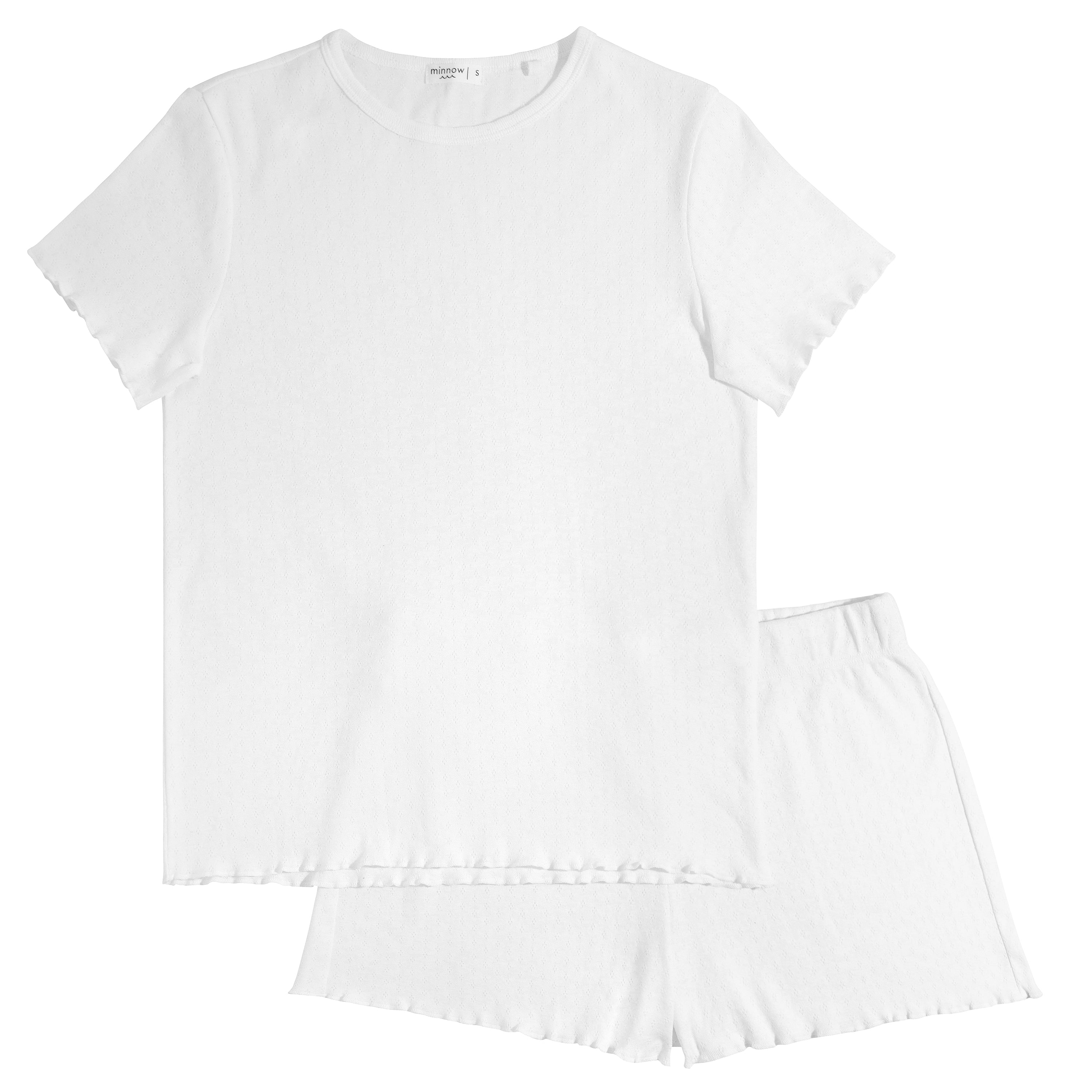 women's white pointelle shirt and short pima pajamas set