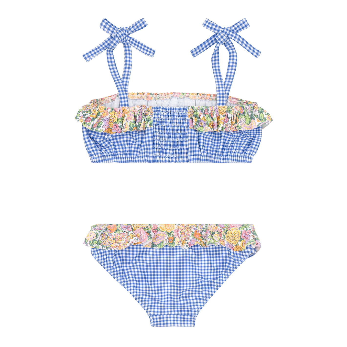 girls sky blue gingham bandeau tie strap bikini