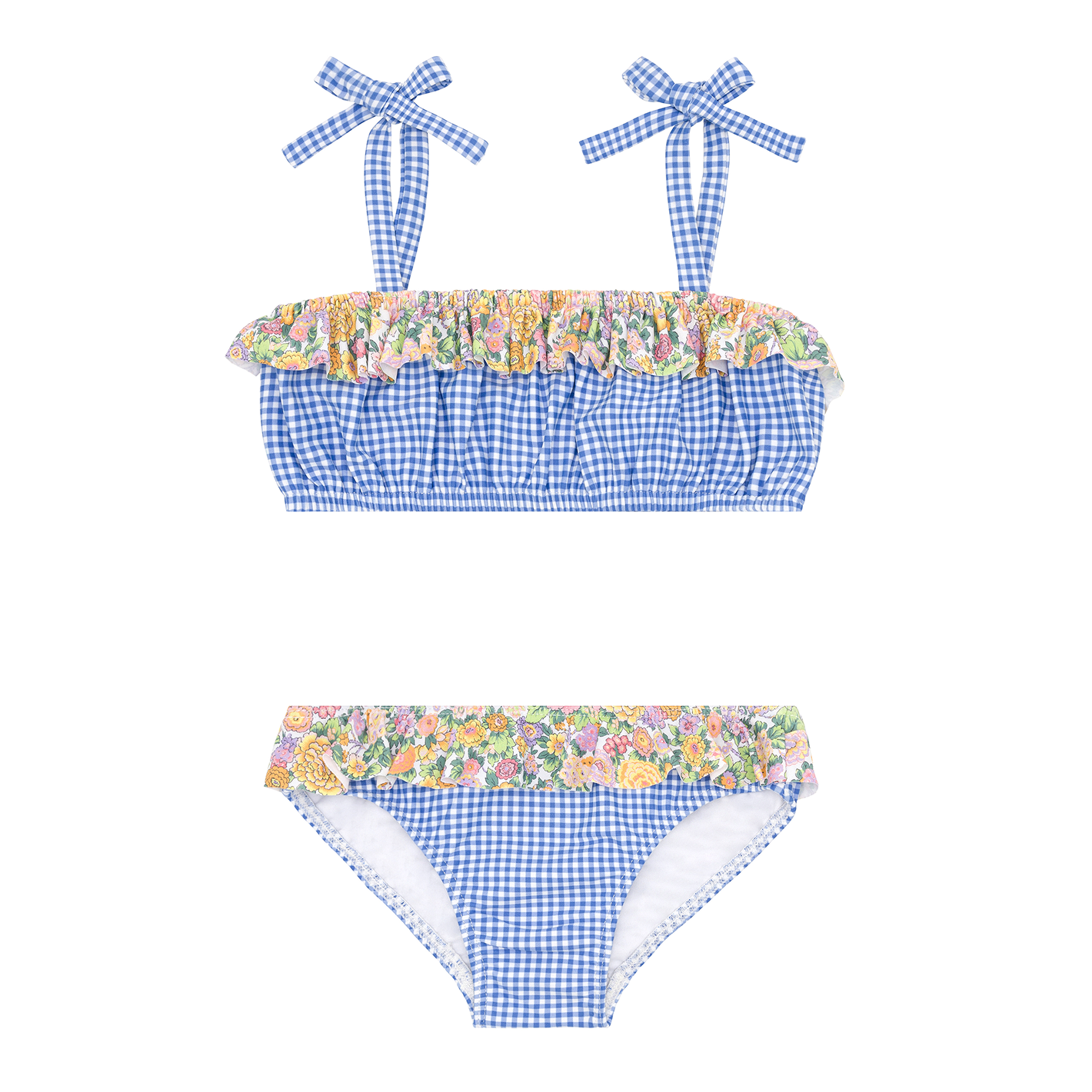 girls sky blue gingham bandeau tie strap bikini