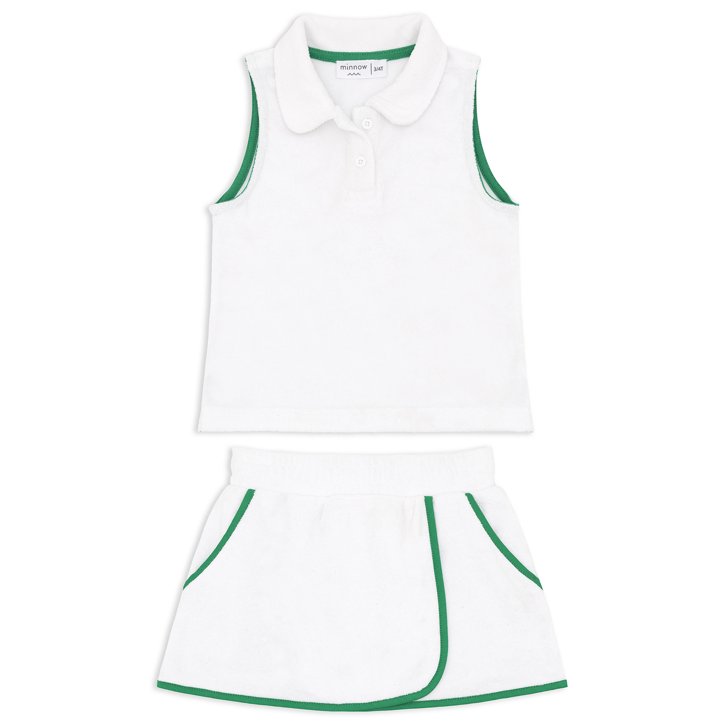 girls white french terry tennis tank top and skort set with bermuda green trim