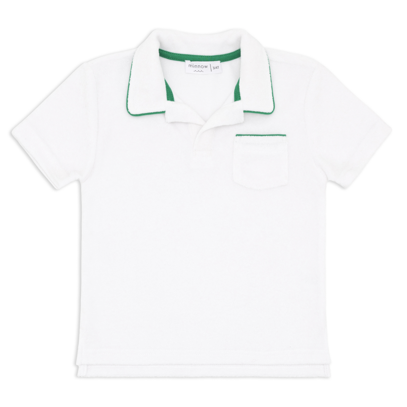 boys white french terry polo with bermuda green trim