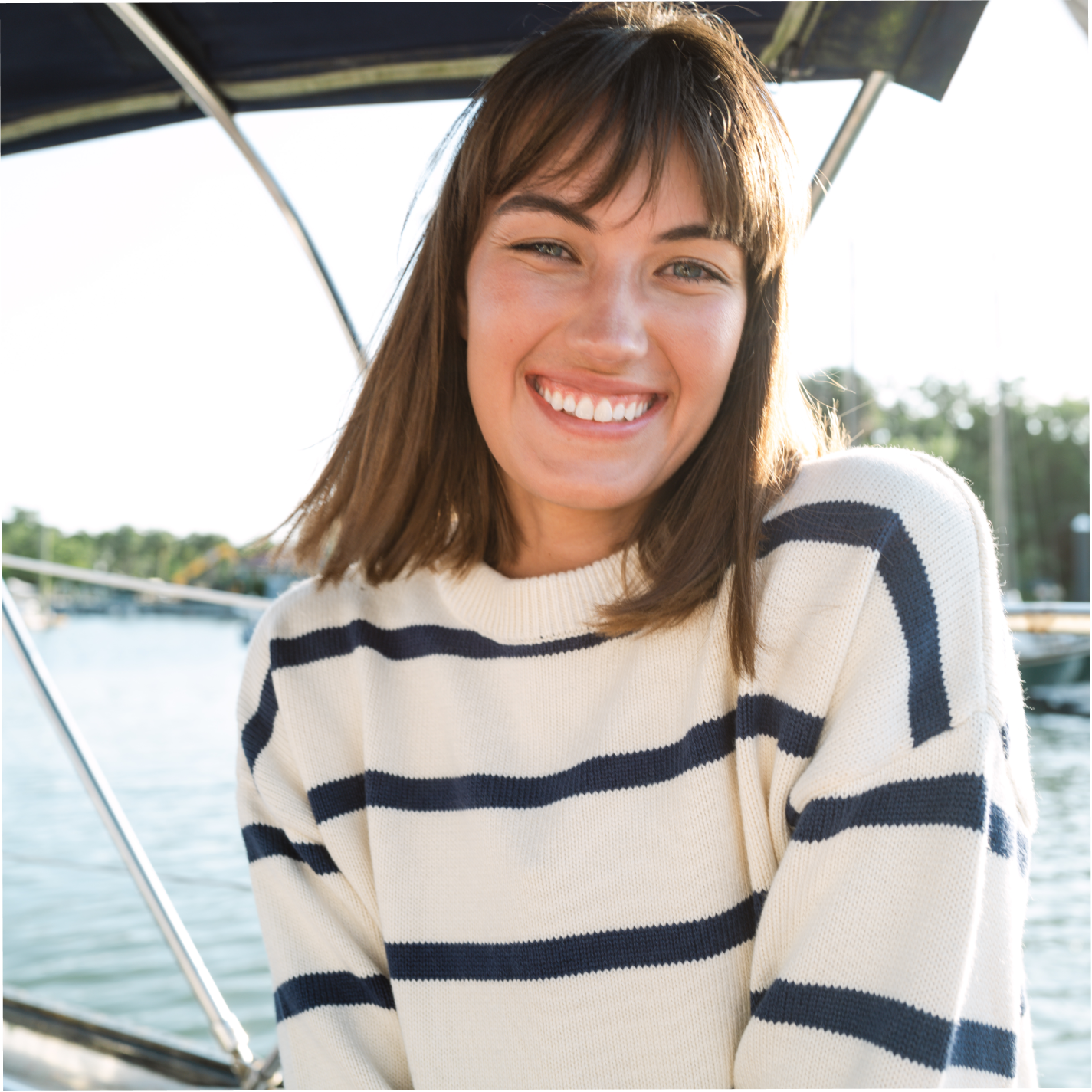 women's cream and navy wide stripe knit sweater