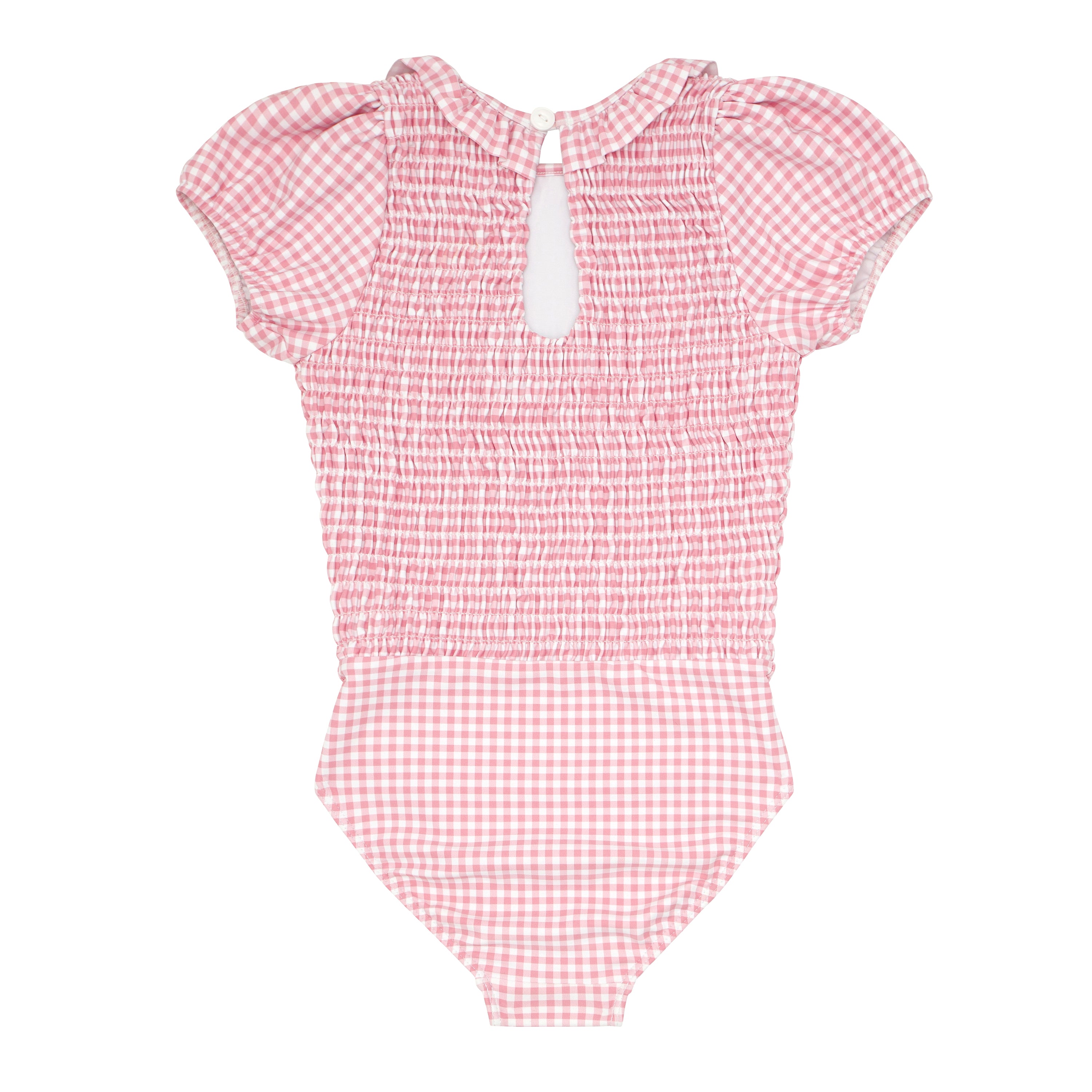 girls pink guava gingham puff sleeve smocked one piece with ruffle collar