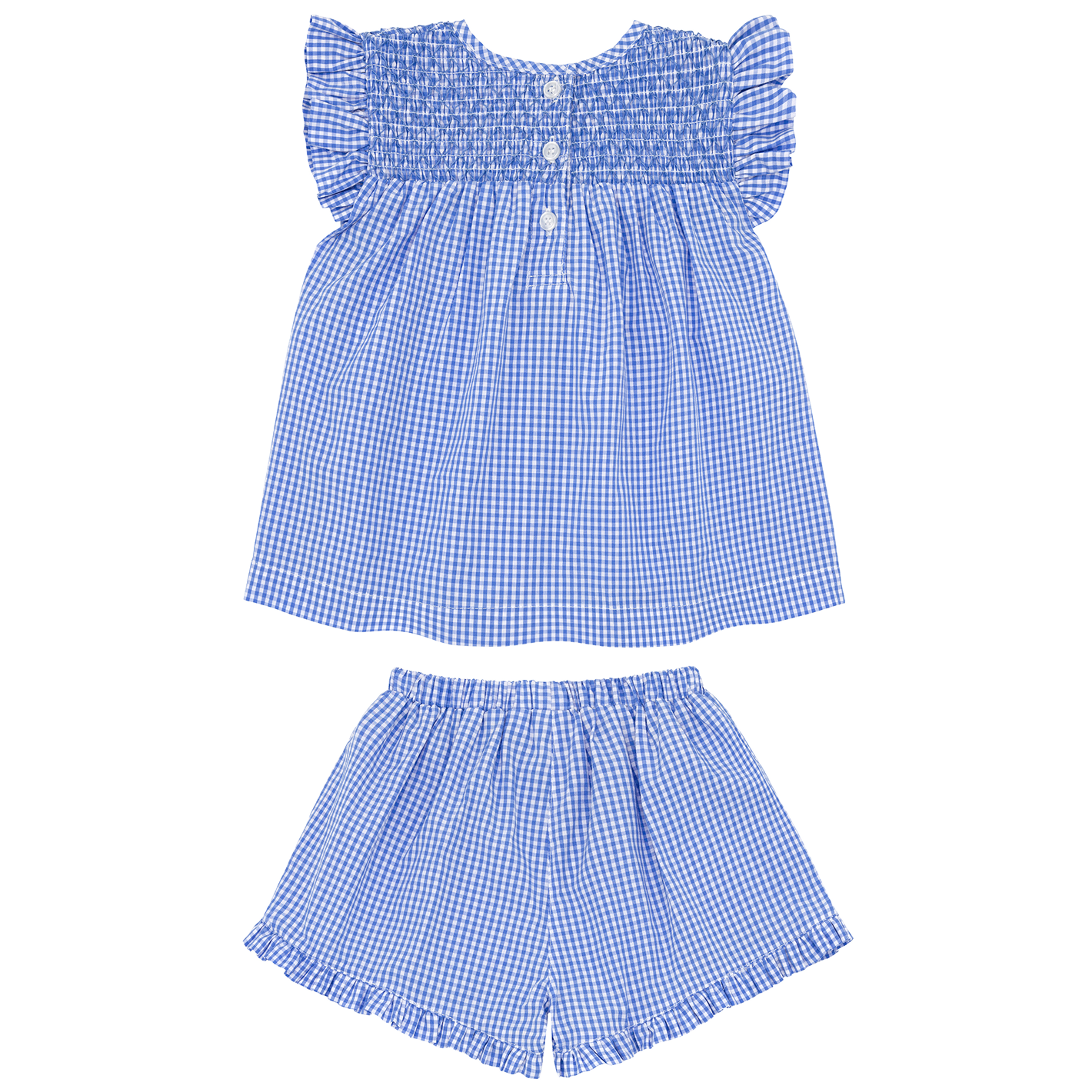 girls sky blue gingham smocked top and short set