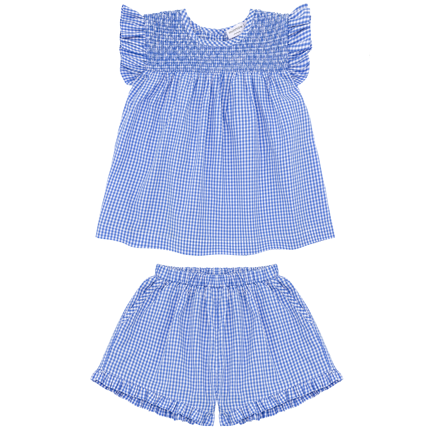 girls sky blue gingham smocked top and short set