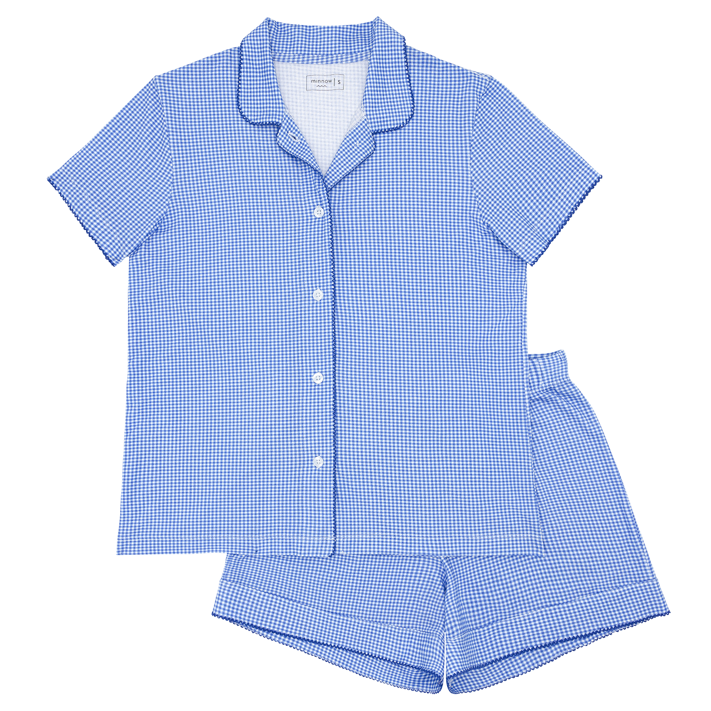 women's sky blue gingham collared shirt and short pima pajamas set