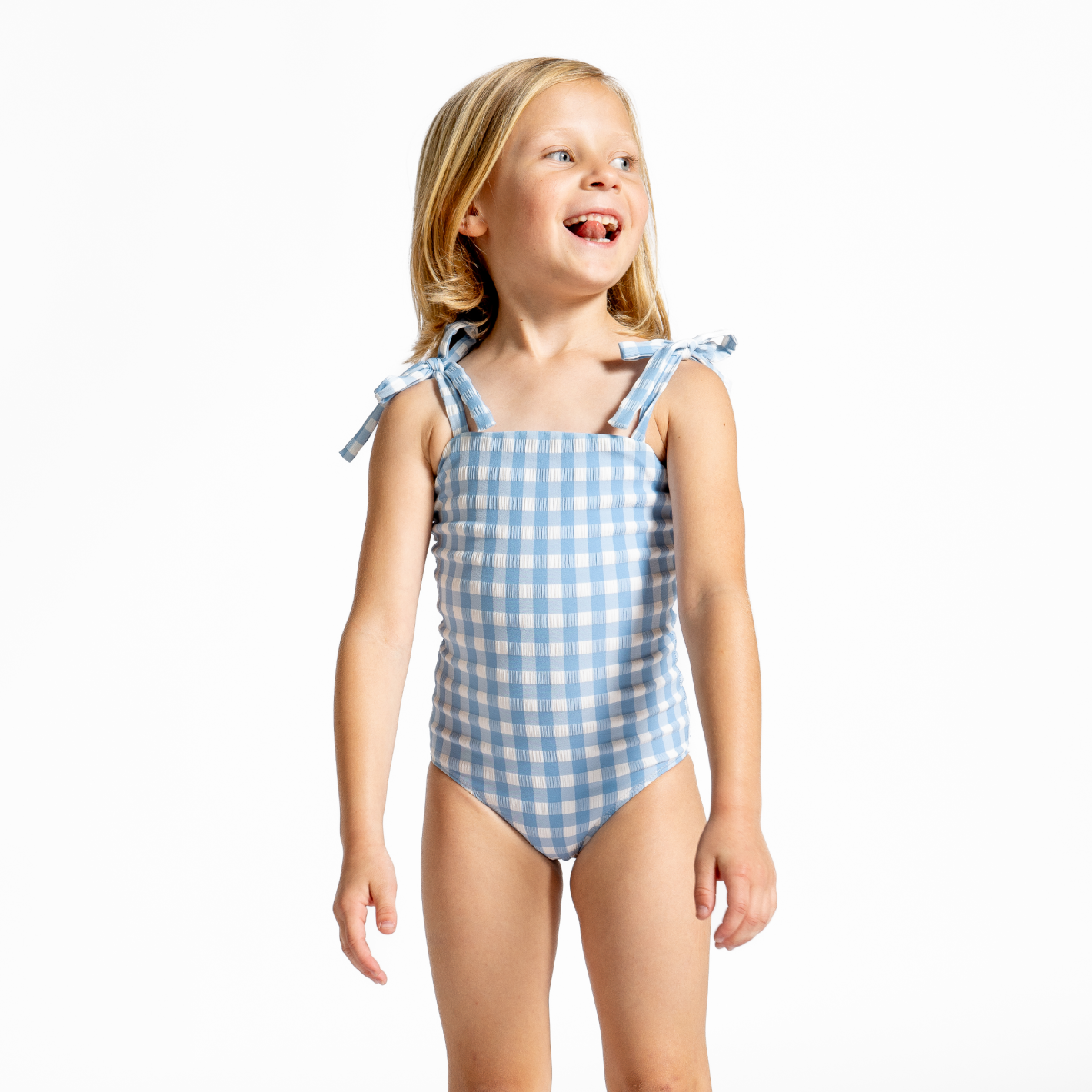 girls surfside blue crinkle gingham one piece