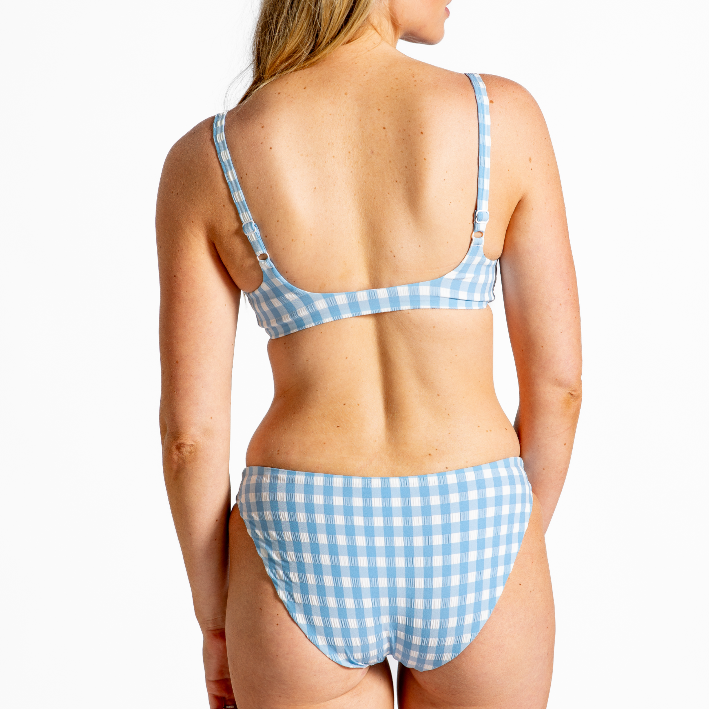 women's surfside blue crinkle gingham scoop neck bikini top