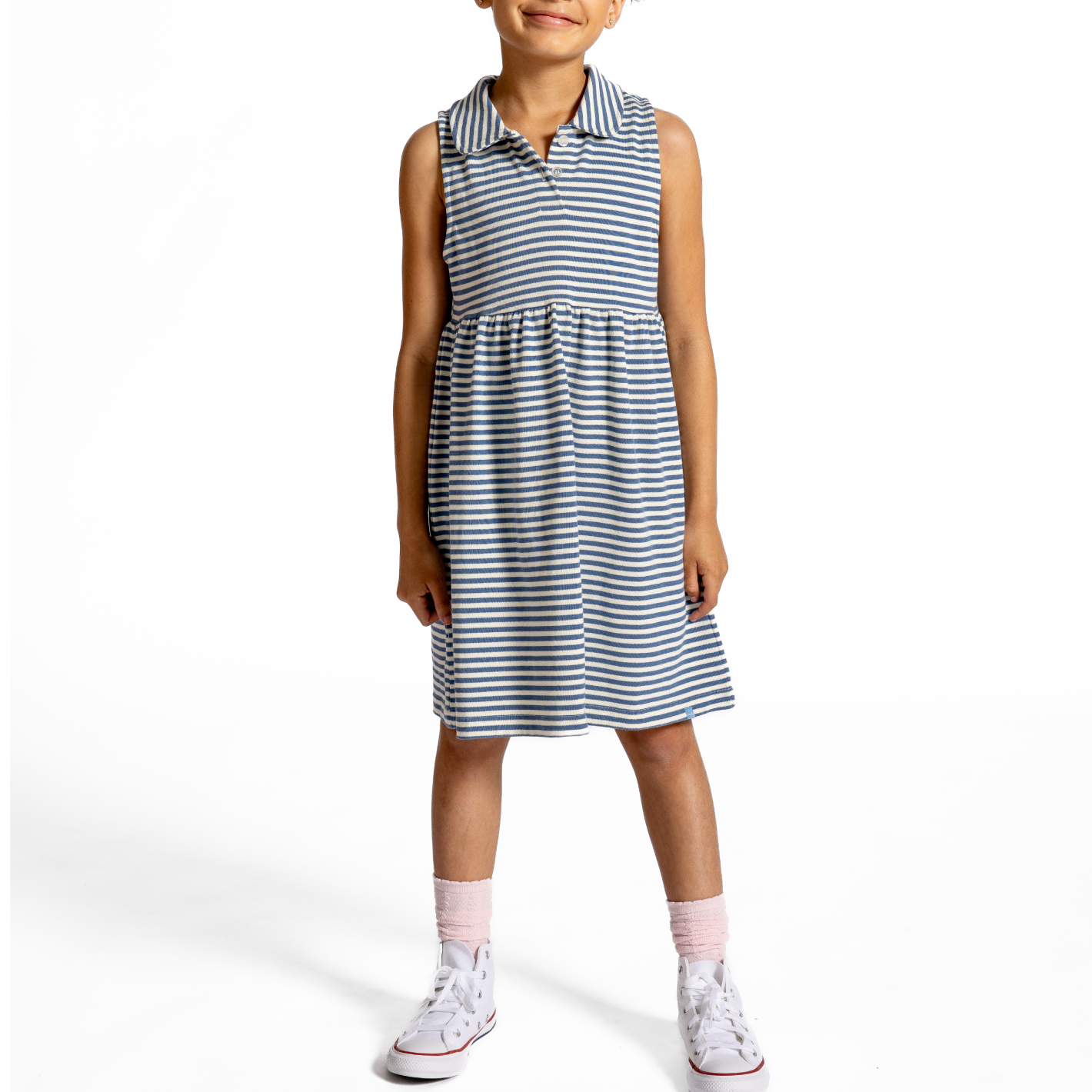 girls cream and denim blue stripe tennis dress