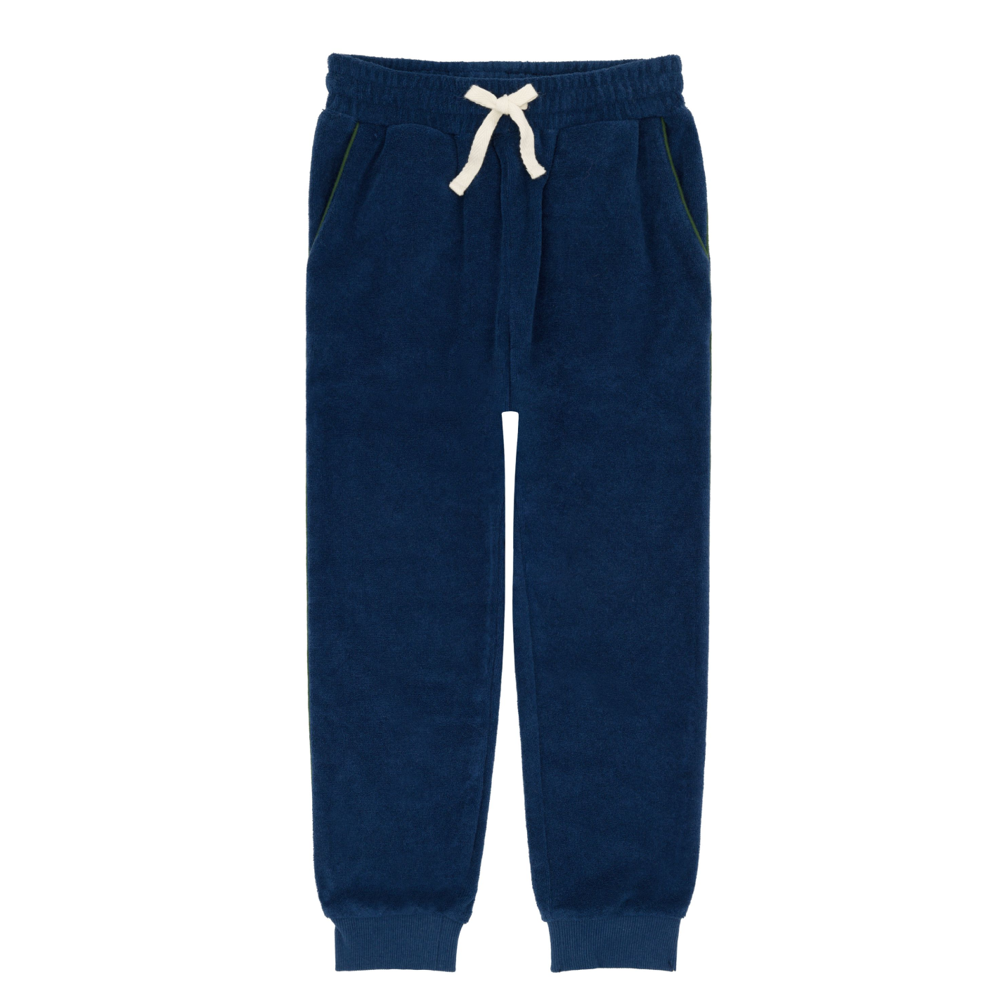 unisex navy french terry sweatpant with evergreen side piping