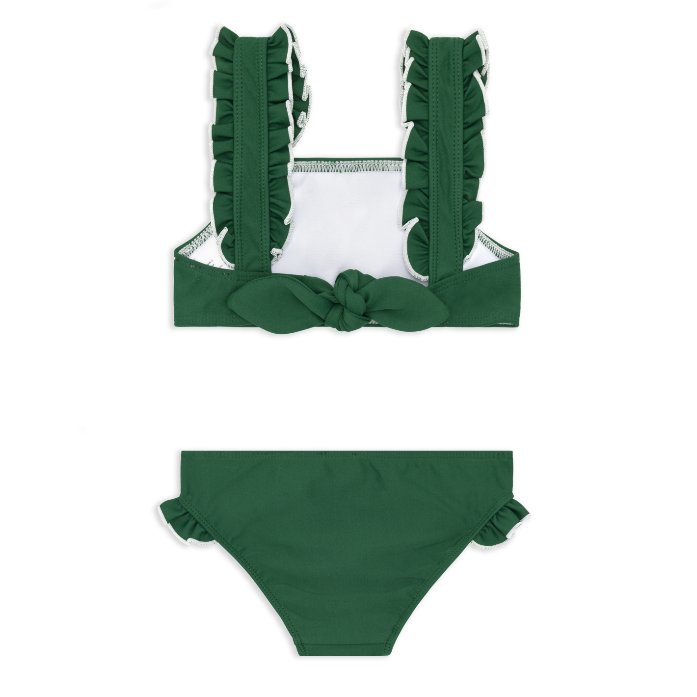 girls evergreen ruffle strap bikini with white lettuce edge trim