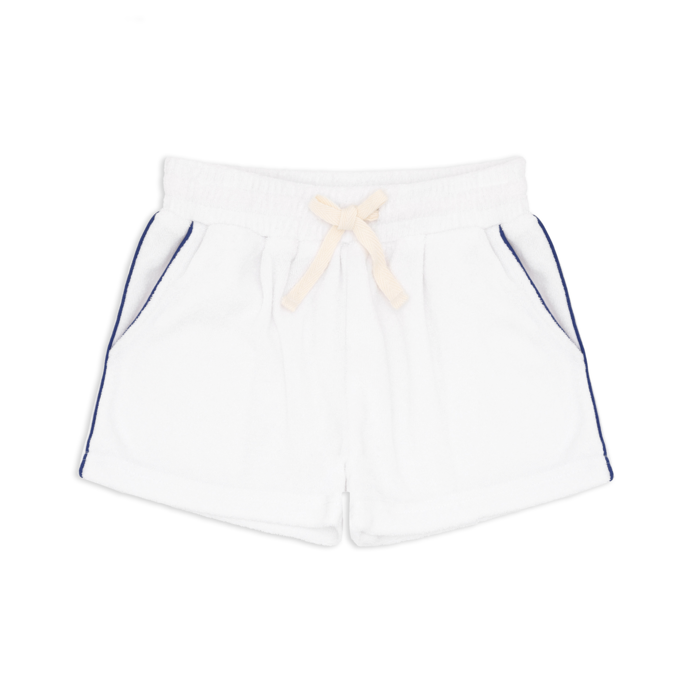 boys white french terry short with navy side piping