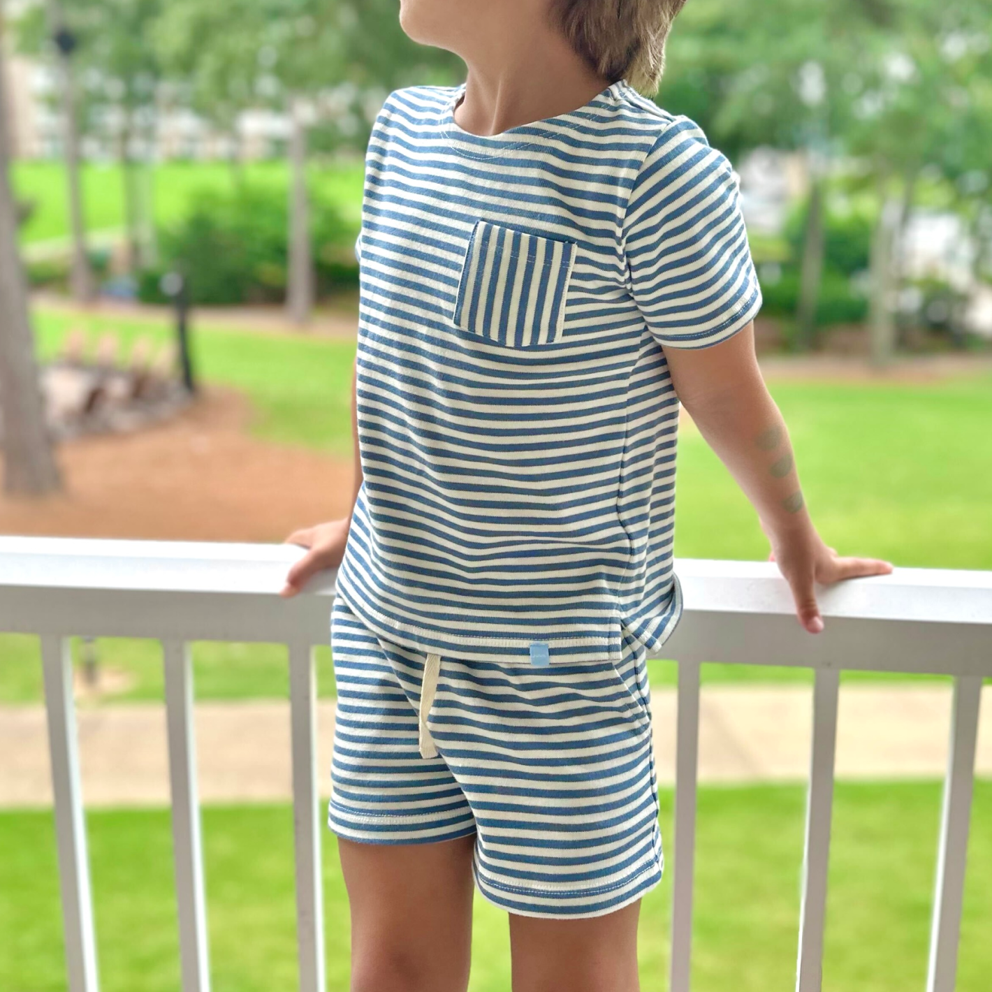 unisex cream and denim blue stripe boatneck tee