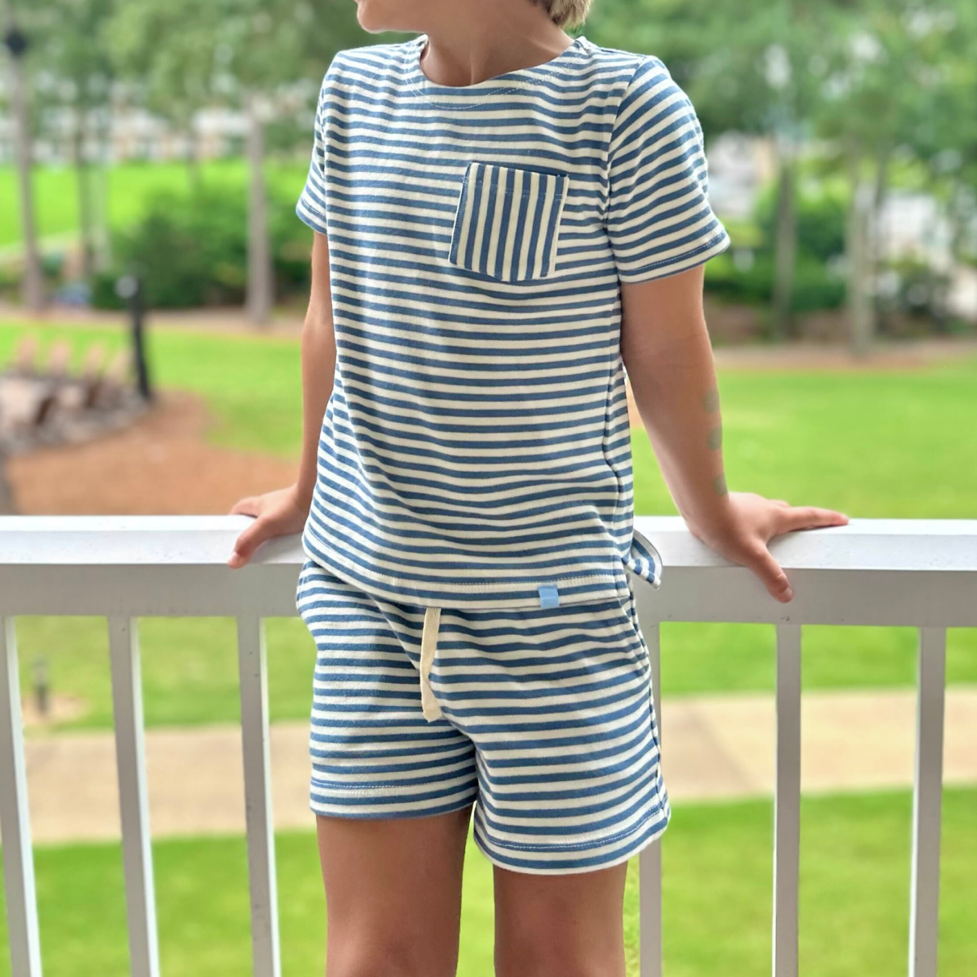 unisex cream and denim blue stripe boatneck tee