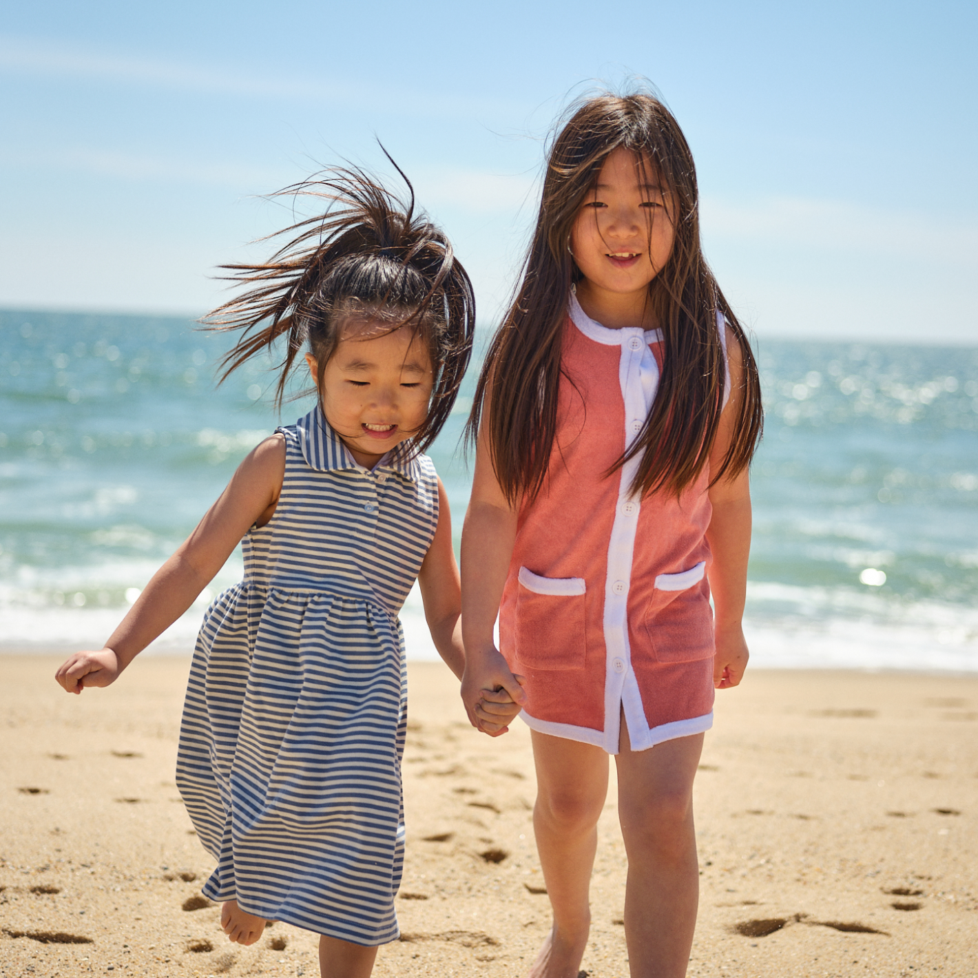 girls cream and denim blue stripe tennis dress