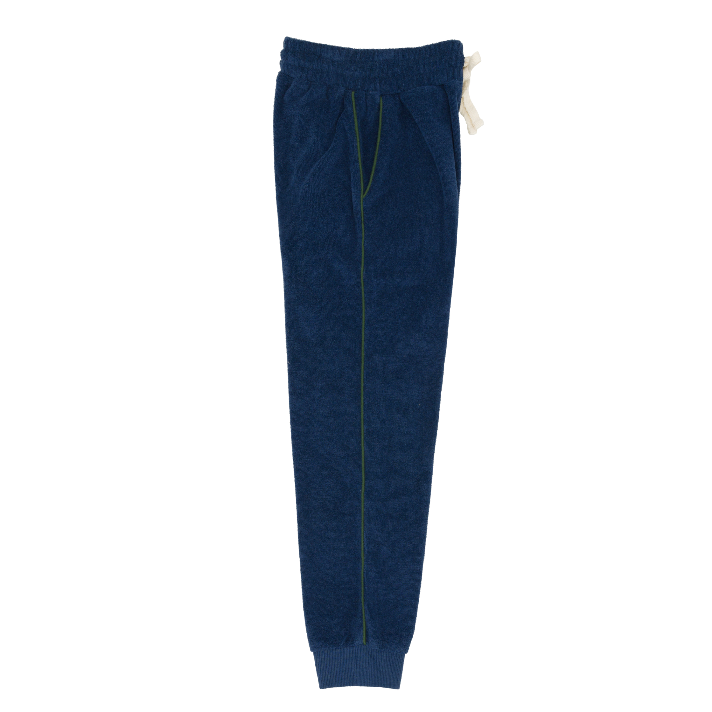 unisex navy french terry sweatpant with evergreen side piping