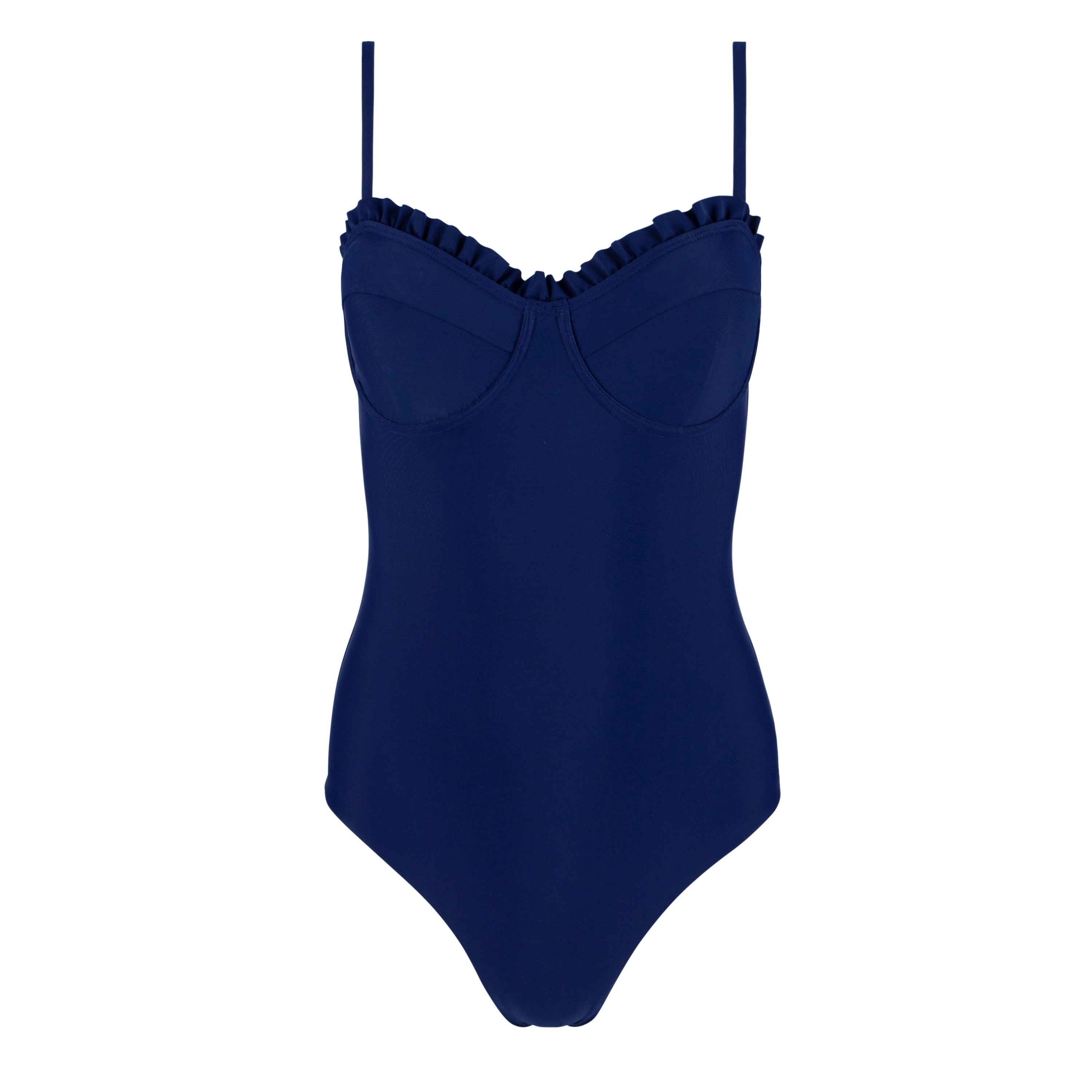 women's navy ruffle edge one piece