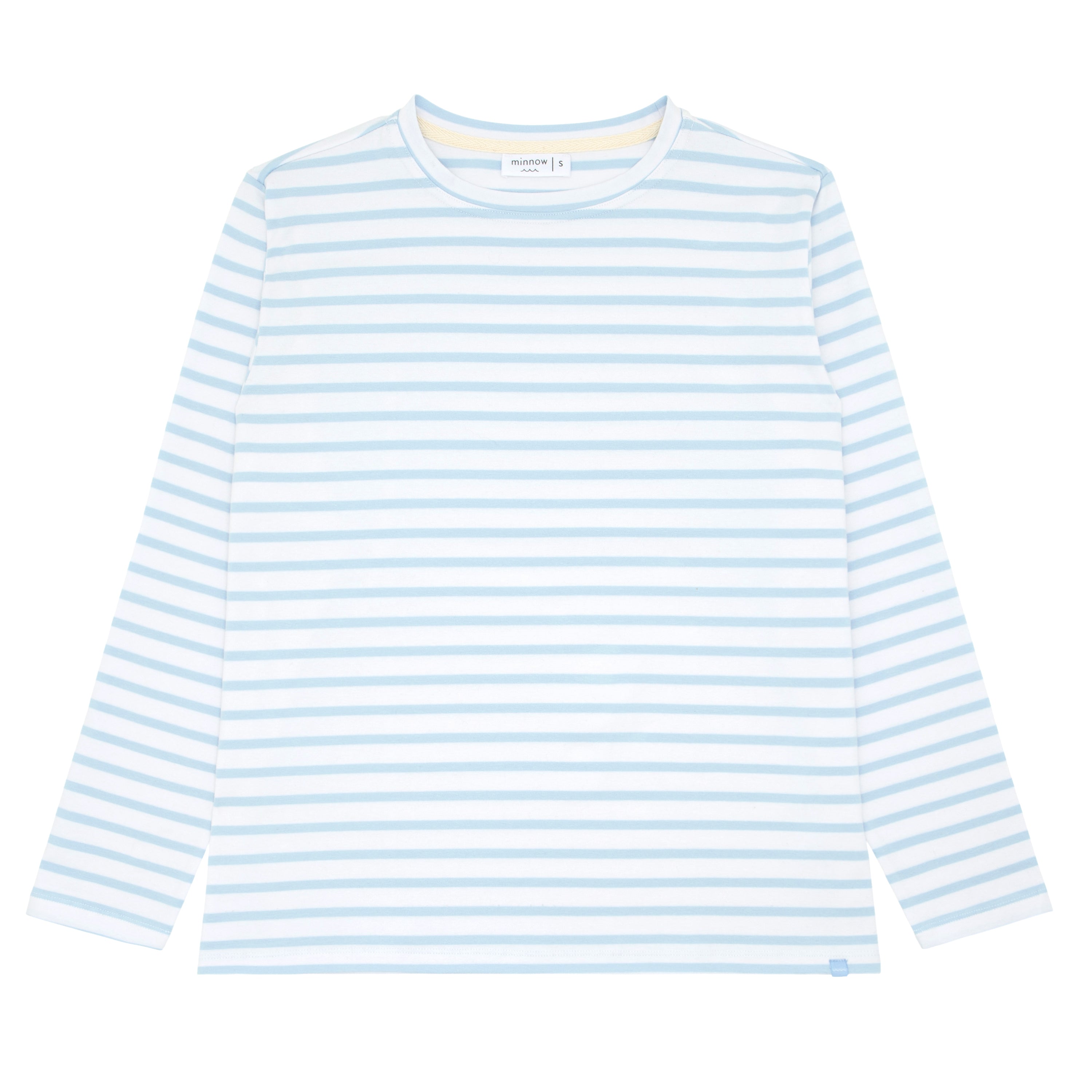 women's white and powder blue stripe long sleeve tee